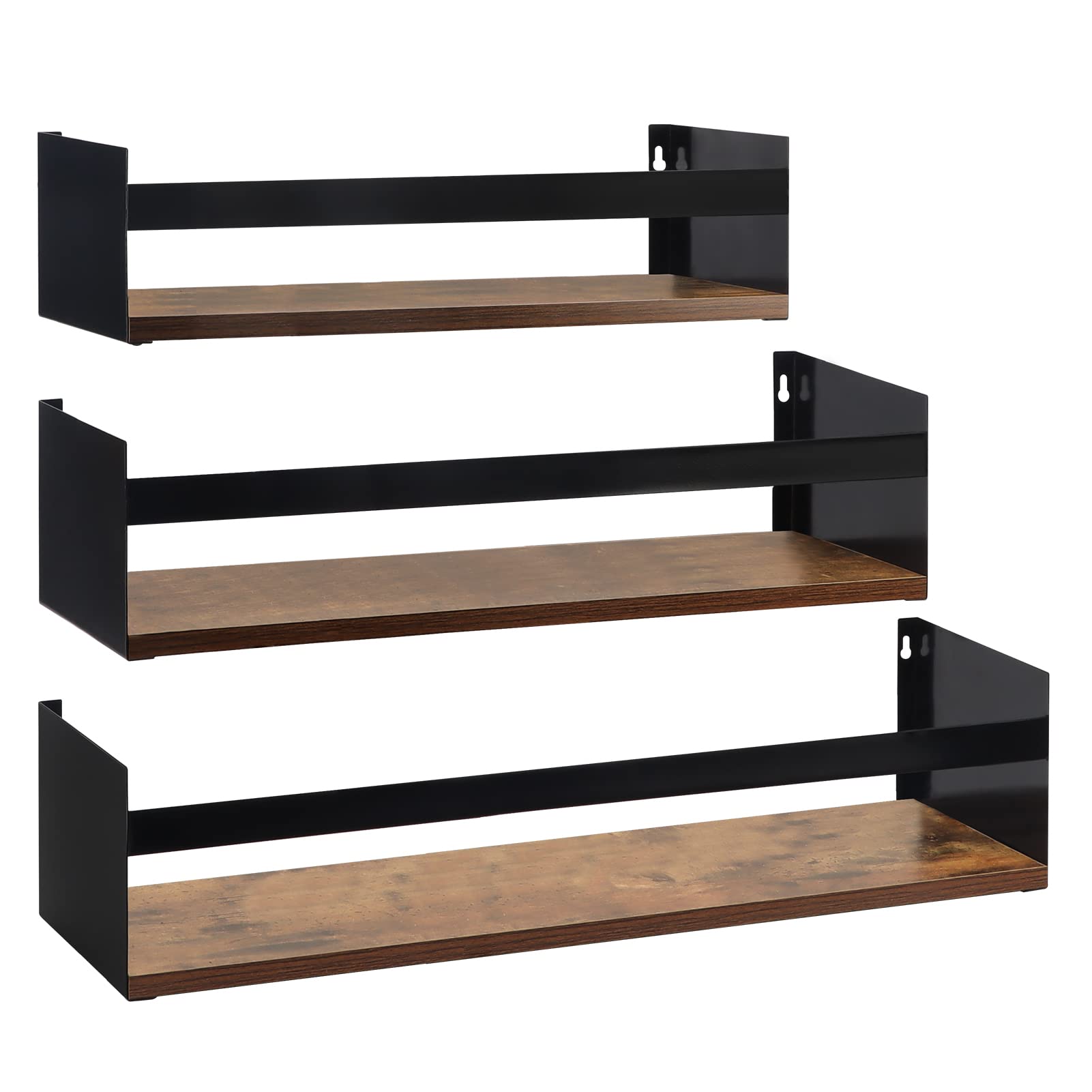 Giftgarden Black Iron Wood Floating Shelves - Set of 3 (24”, 20”, 16”) - Rustic Wall Shelf with Bar Bracket for Bathroom, Kitchen, Bedroom, Living Room - Heavy Duty Storage Organizer for Books, Decor & Essentials | Perfect for Home Organization & Stylish Display