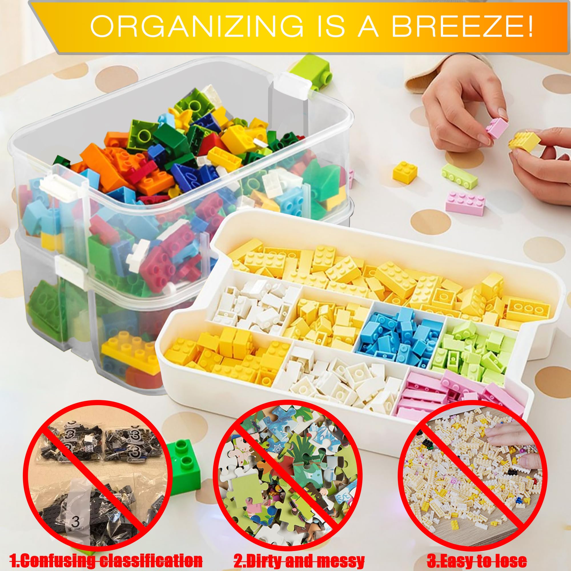 Stackable Kids Lego Storage Organizer - 2-Layer Clear Building Blocks Container Box with Baseplate Lids | Portable Playroom Organization Bin with Drawers & Puzzle Board | Perfect for Lego Brick Storage, Craft Organization & Kids Room Decor