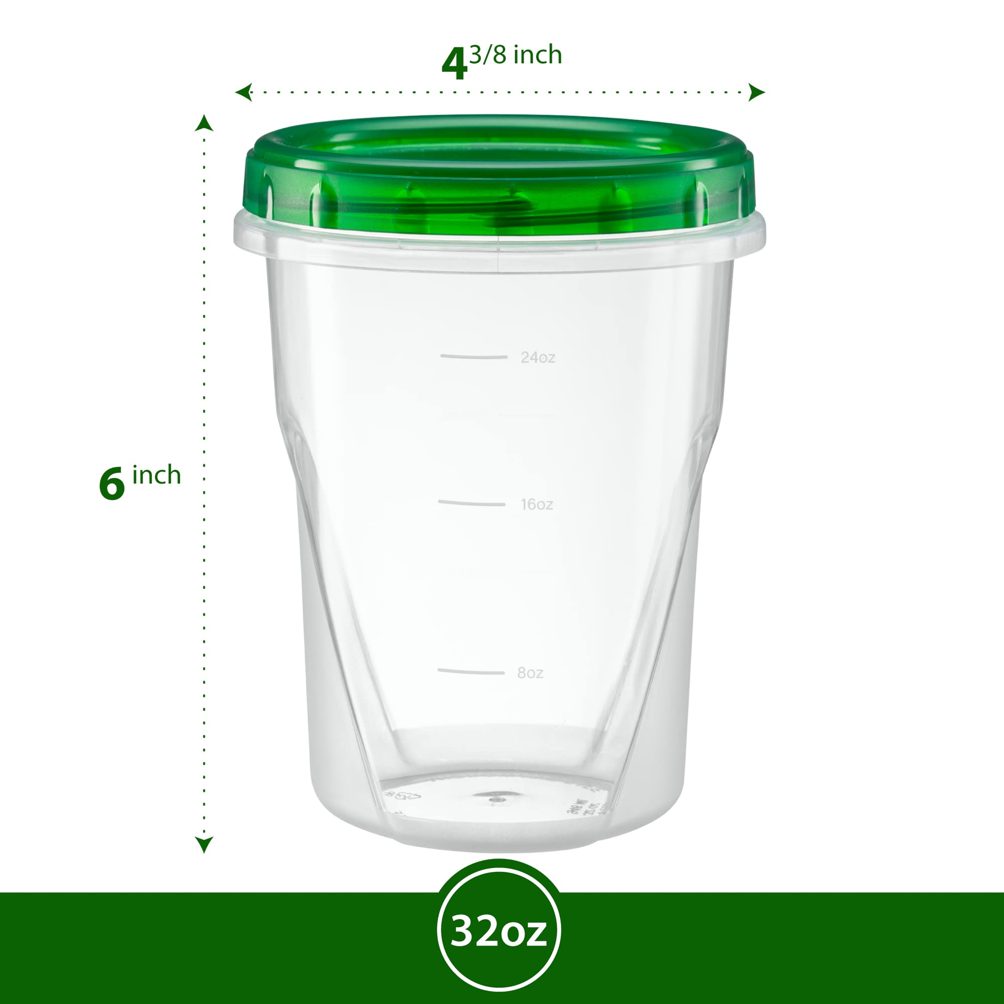 32oz (10 Pack) Clear Plastic Food Storage Containers with Green Twist-On Lids - Airtight Freezer Safe BPA-Free Meal Prep Containers for Leftovers, Snacks & Kitchen Organization