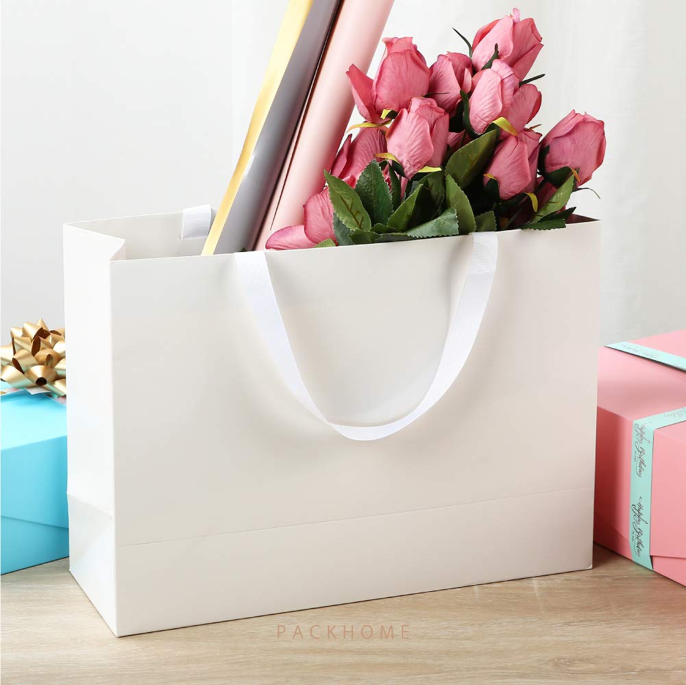 PACKHOME 10 Large White Premium Gift Bags with Handles - 14.5x5x10.5 Inches Glossy Finish - Perfect for Birthday, Wedding, Christmas & Party Gift Wrapping