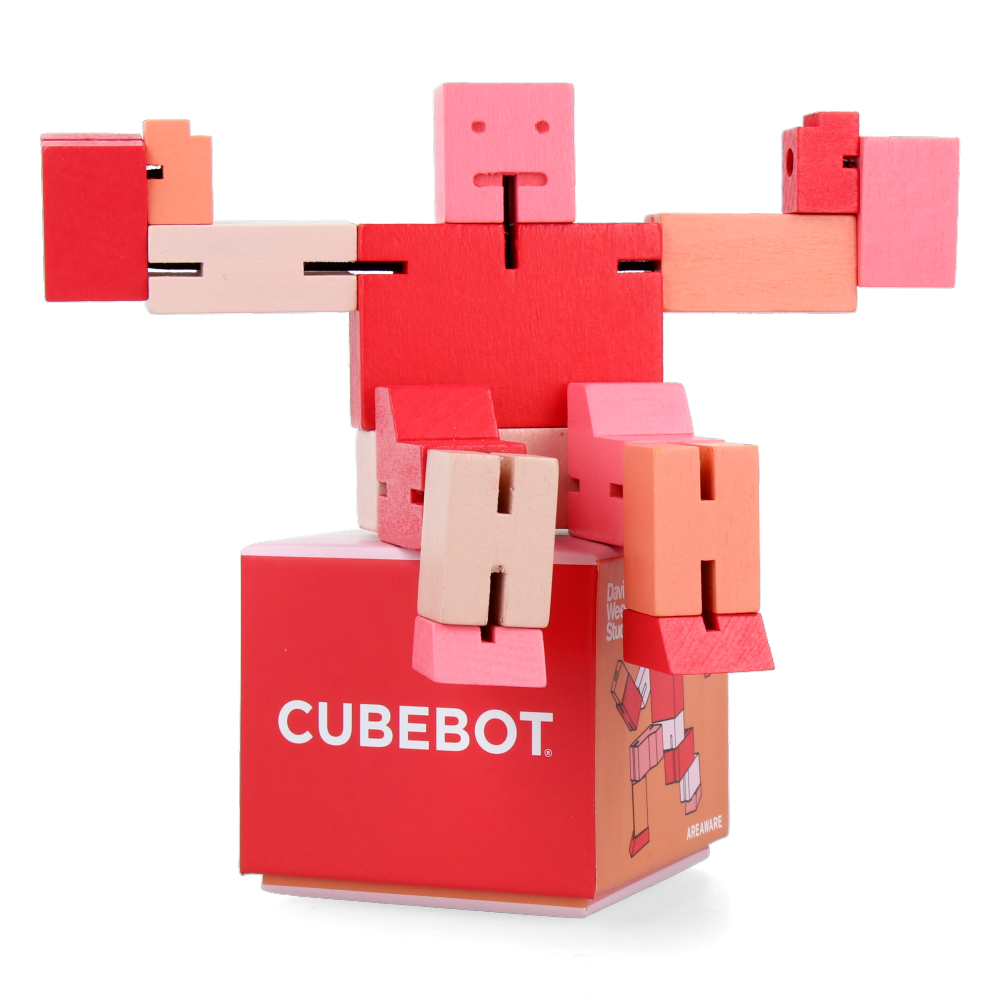 Original Cubebot Small Red Multi-Jointed Wooden Puzzle Toy - Fun Brain Teaser for Kids & Adults, Perfect for Stress Relief & Office Decor