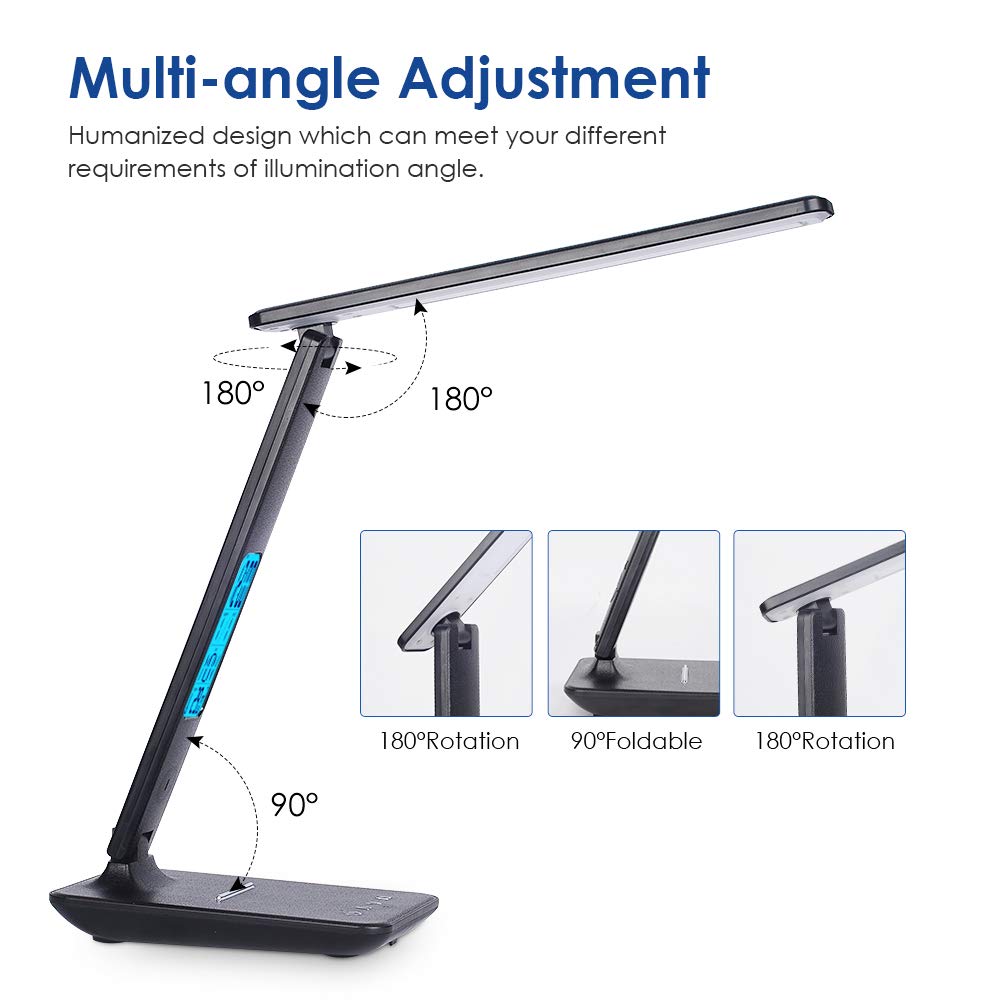 Multifunctional LED Desk Lamp with Clock & Phone Holder - 3 Lighting Modes, 5 Brightness Levels, Eye-Caring Study Light, Battery Operated for Office, Reading & Home Use - Black