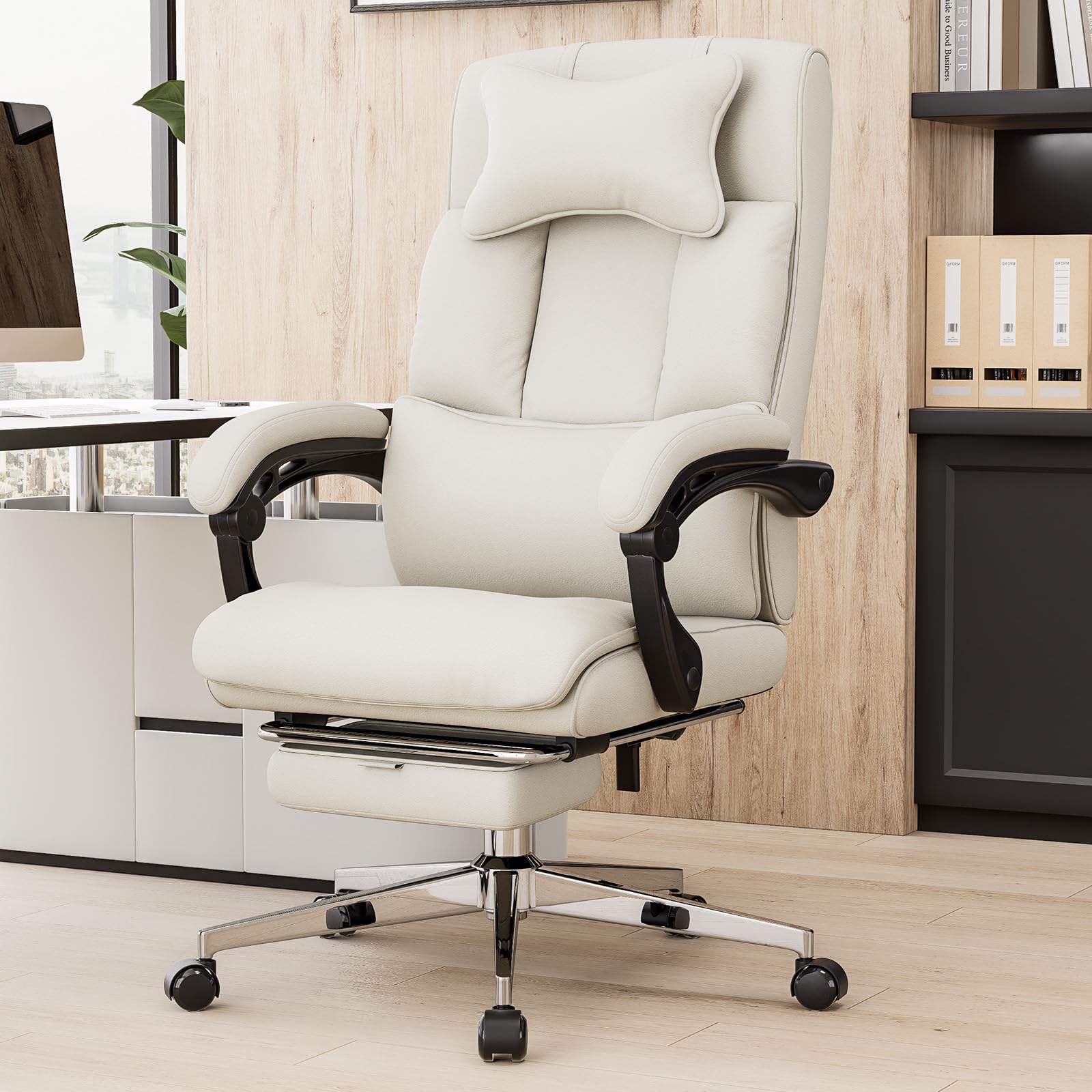 Premium 6-Point Massage Office Chair - 500lbs Capacity PU Leather Executive Chair with Adjustable Headrest & Footrest - Ergonomic Reclining Computer Desk Chair for Home Office (White) - Perfect for Long Work Hours, Gaming & Relaxation