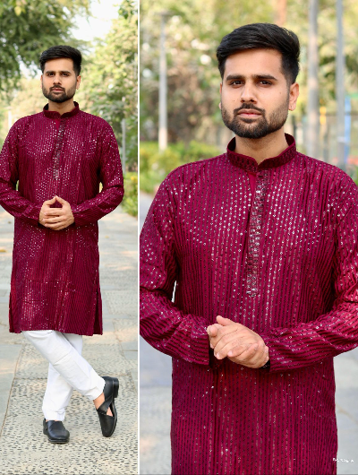 Stylish Lilac Designer Ethnic Men's Kurta Pyjama Set - Traditional Indian Cotton Outfit for Weddings & Festivals
