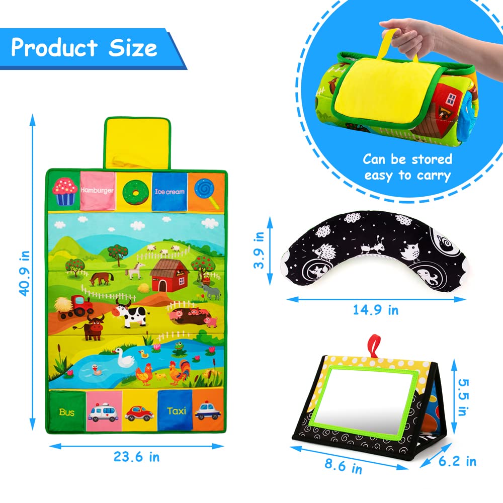 3-in-1 Baby Tummy Time Mirror Play Mat & Pillow - High Contrast Black White Toys for 0-12 Months - Perfect for Early Learning & Sensory Play