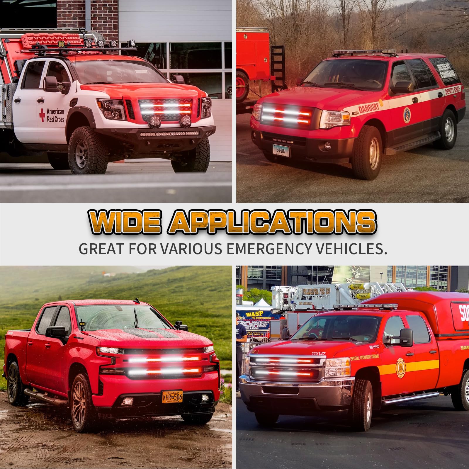 XRIDONSEN 2PCS 24 Inch LED Truck Grill Emergency Lights - 288 Red & White Strobe Flashing Warning Lights for Fire Trucks, Pickup, Emergency Vehicles | Waterproof, Durable Safety Lights for First Responders & Roadside Assistance