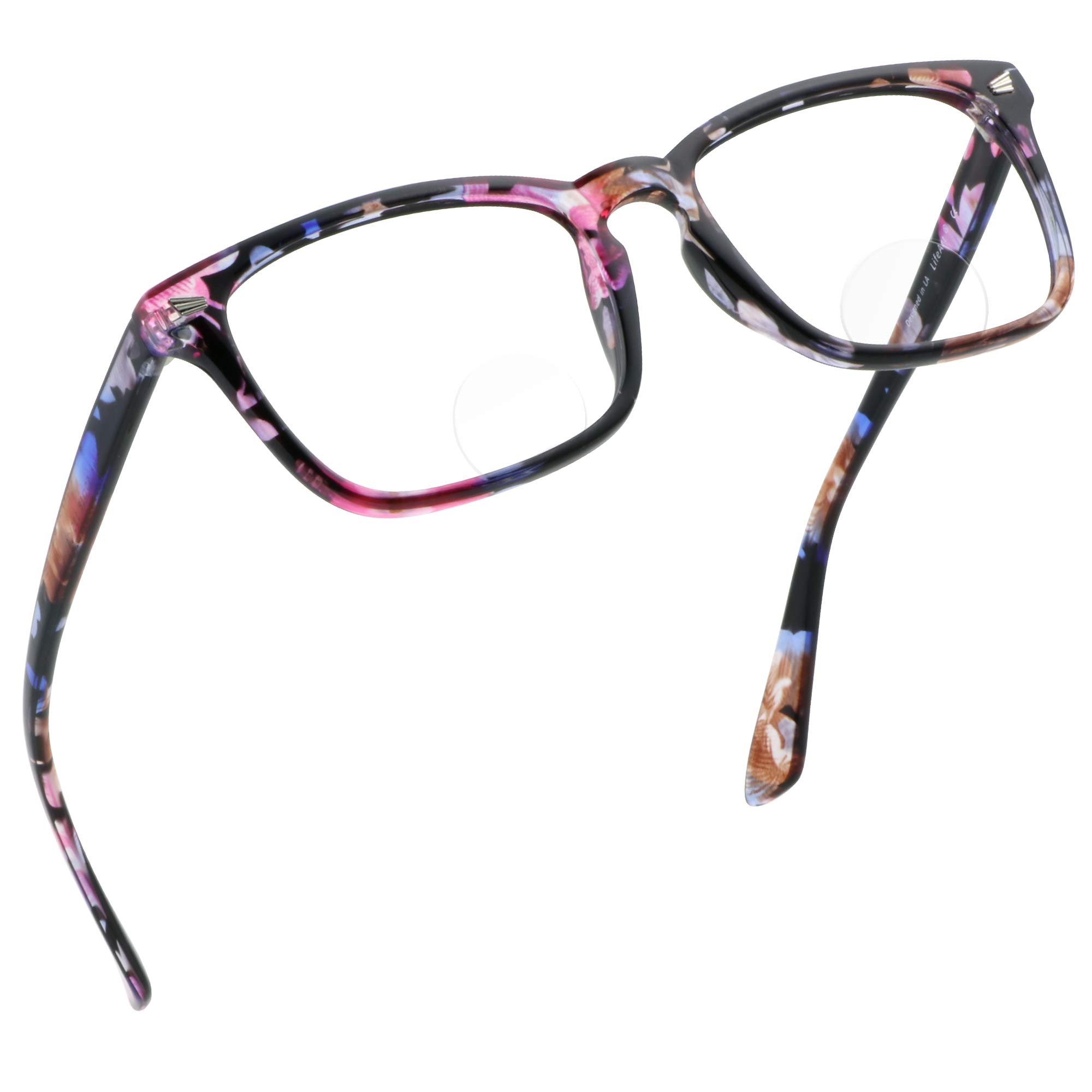 LifeArt Bifocal Reading Glasses with Round Lenses - Blue Light Blocking, Anti Glare Computer Glasses for Women - Gaming, TV & Office Use (Floral Pattern, +0.00/+2.00 Magnification)