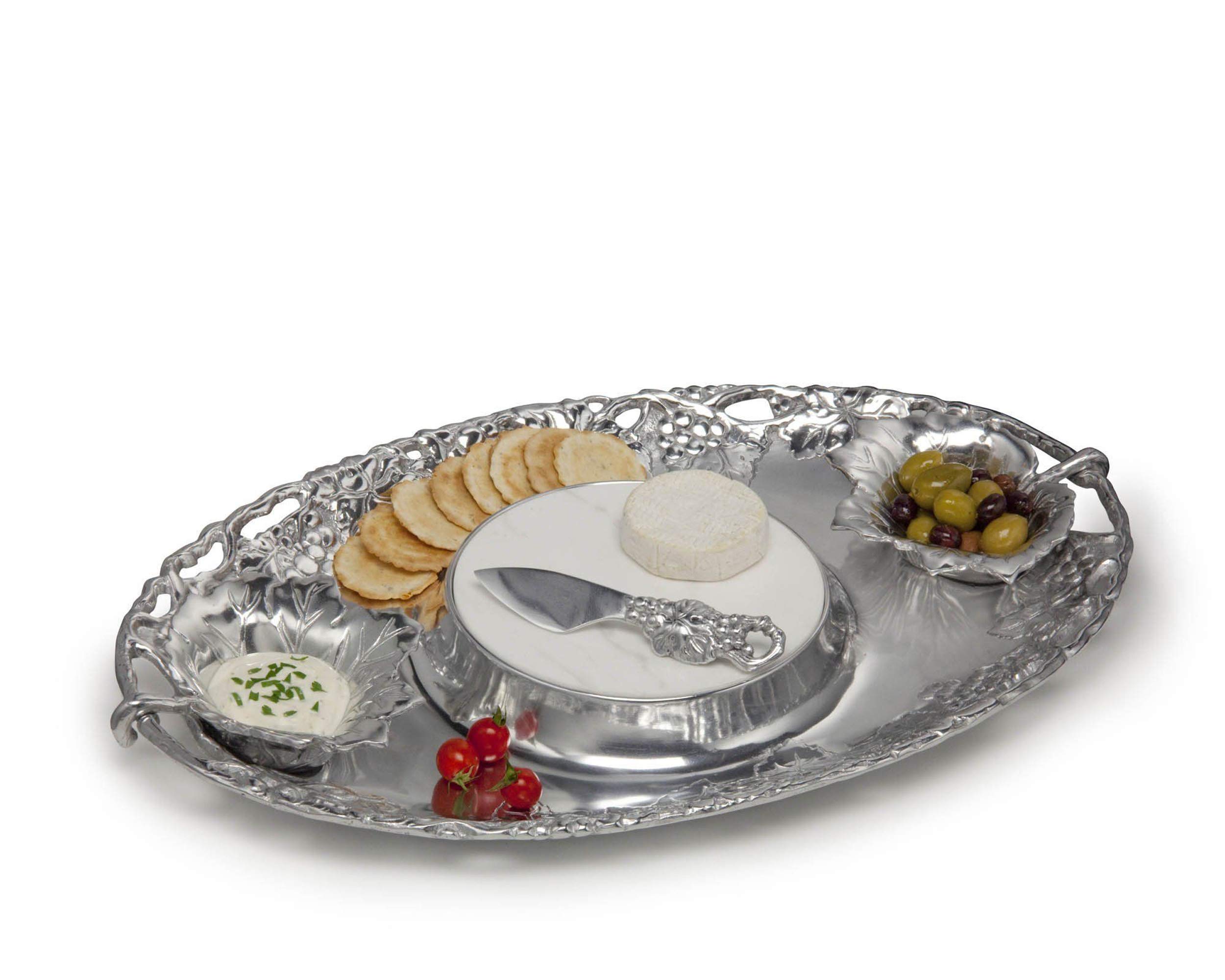 Arthur Court Designs 5-Piece Aluminum Grape Cheese & Dip Serving Set with 2 Bowls, Spreader & Marble Tray (20