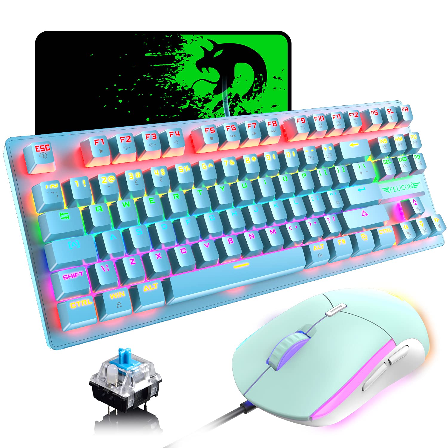K2 UK Layout Gaming Keyboard and Mouse Set - 80% TKL Wired Mechanical Keyboard with 88 Keys, Clicky Optical Blue Switches, Rainbow Backlit, Lightweight PS4 Gaming Mouse & Mouse Pad for PC/MAC (Blue) - Perfect for Esports, Streaming & Office Work