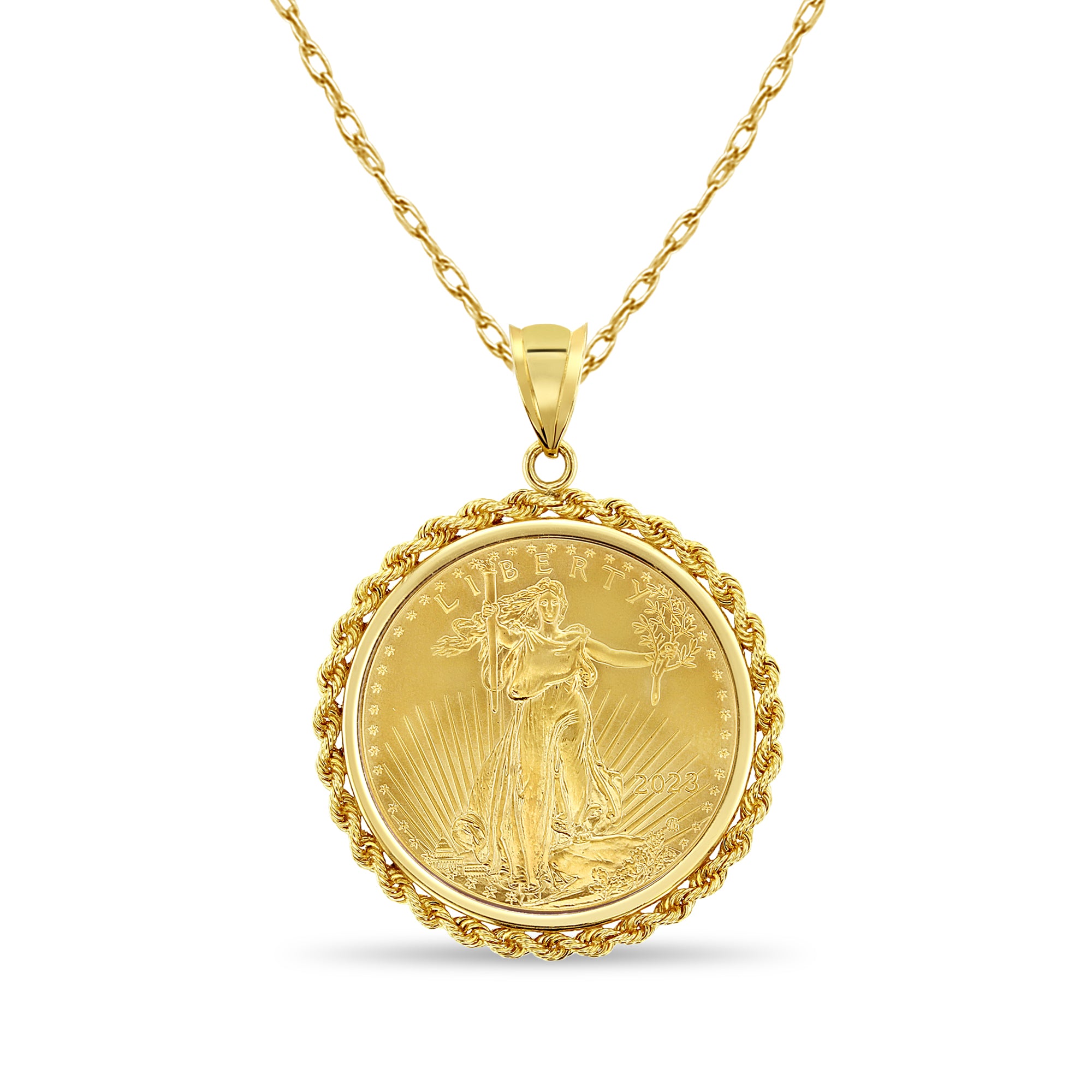 1OZ Fine Gold Lady Liberty Medallion Necklace - 24K Solid Gold Coin Pendant with Rope Chain - Perfect for Gifts, Collecting & Patriotic Jewelry