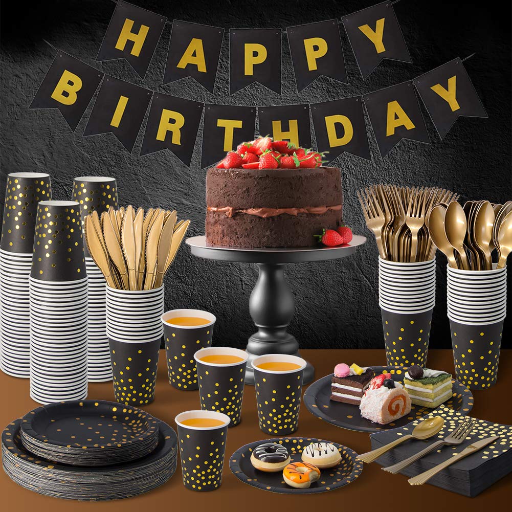 350PCS Black and Gold Party Supplies Set - Disposable Dinnerware with Gold Dot Paper Plates, Napkins, Cups & Plastic Cutlery for Birthday, Wedding, Baby Shower Decorations - Elegant Tableware for Women & Men's Special Events