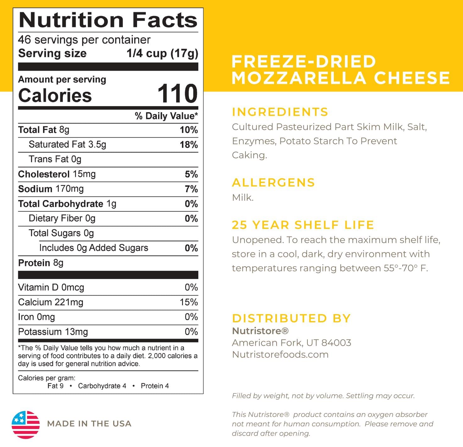 Nutristore Freeze Dried Mozzarella Cheese Shreds - 20 Servings | Premium Quality, Great Taste | Perfect for Camping, Hiking & Emergency Food Storage | Long Shelf Life Survival Food for Outdoor Adventures & Prepping