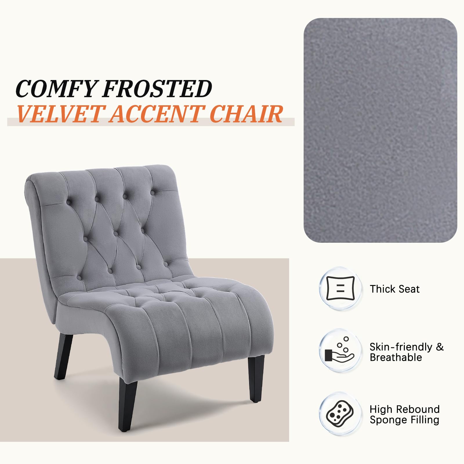 ECOTOUGE Velvet Upholstered Accent Chair - Armless Lounge Chair with Sturdy Wood Legs, Button Tufted Seat & Back for Ultimate Comfort | Perfect Reading Chair for Bedroom, Living Room & Home Office | Elegant Grey Home Decor