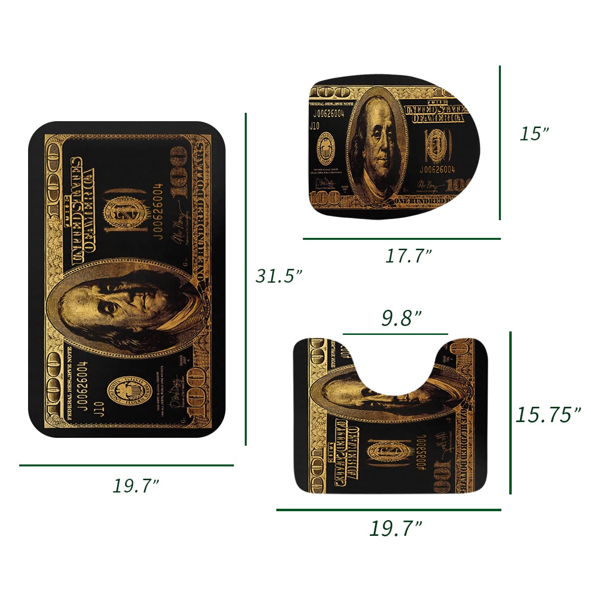 3-Piece Black & Gold $100 Bill Bathroom Rug Set - Non-Slip U-Shaped Contour Mat & Toilet Lid Cover - Washable Absorbent Money Design (19.7x31.5 Inches) for Bathroom Decor & Shower Floor Protection