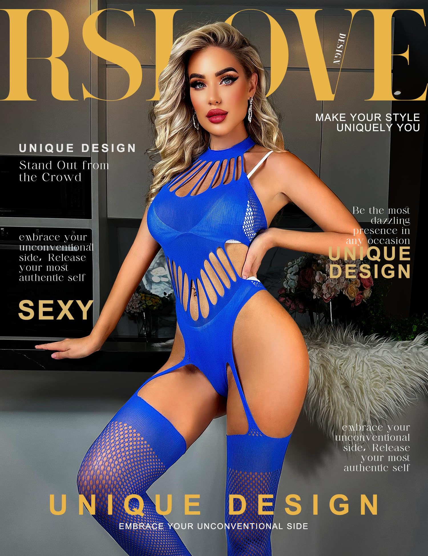 RSLOVE Women's Sexy Fishnet Bodystocking Lingerie - Halterneck Sleeveless Lace Bodysuit with Footless Stockings | Perfect for Valentine's Day, Boudoir Photography & Romantic Nights