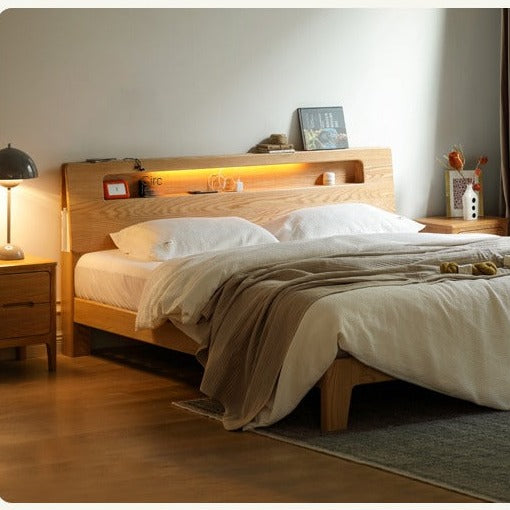 Solid Oak and Beech Wood Bed with Built-in LED Lights and Bookshelf - Modern Bedroom Furniture for Small Spaces, Lofts, and Studio Apartments