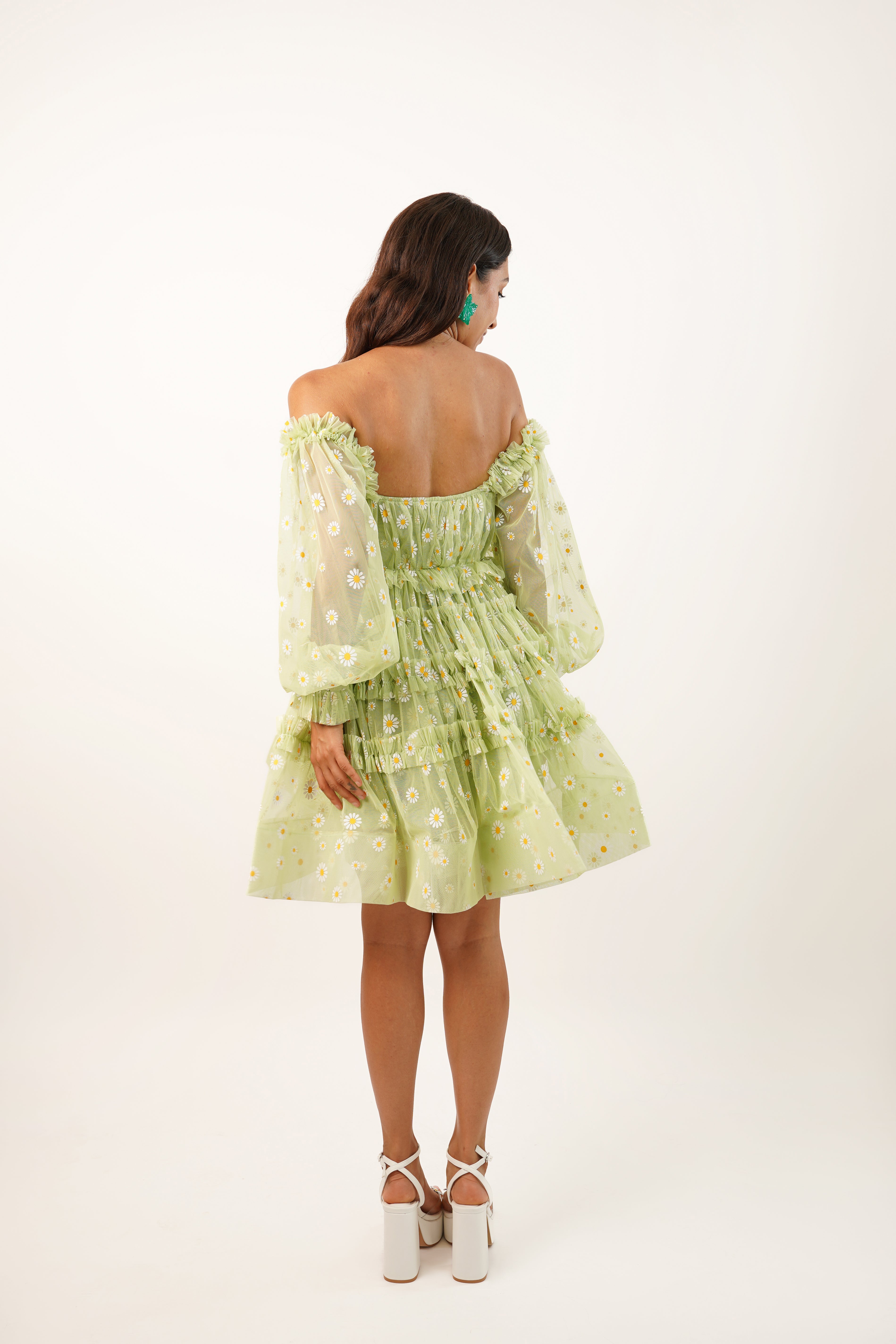 Jessica Tulle Daisy Printed Mini Dress in Green - Floral Summer Party Dress for Women, Wedding Guest Outfit, Garden Tea Dress | Perfect for Bridal Showers, Beach Vacations & Date Nights