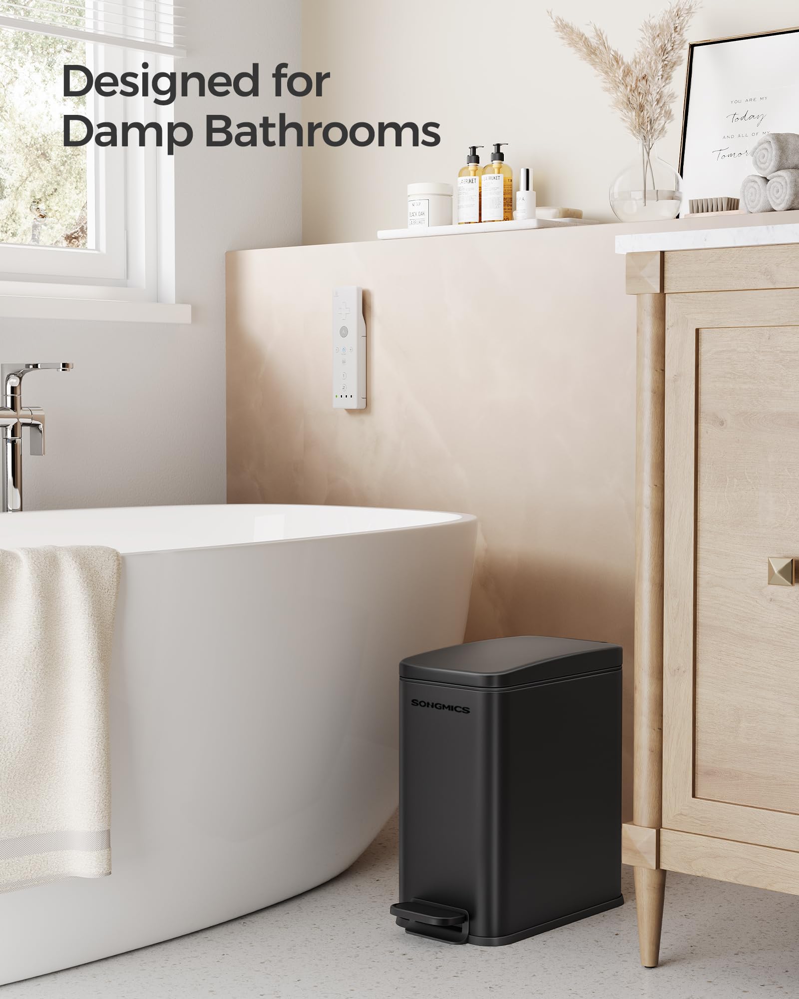 SONGMICS 2.6 Gallon Slim Stainless Steel Bathroom Trash Can with Soft Close Lid - Space Saving Small Garbage Bin for Bathroom, Kitchen, Office - Black ULTB561B10