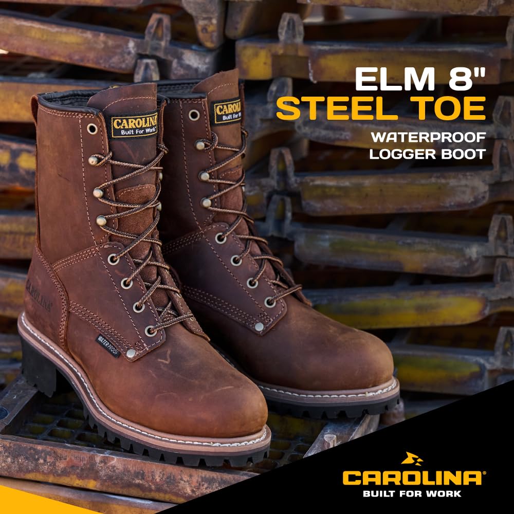 Carolina Elm 8-Inch Logger Steel Toe Work Boots for Men - Crazy Horse Leather, Comfortable Pillow Cushion Footbed, Oil & Slip Resistant Outsole, EH Rated - Ideal for Construction, Logging & Heavy Duty Work