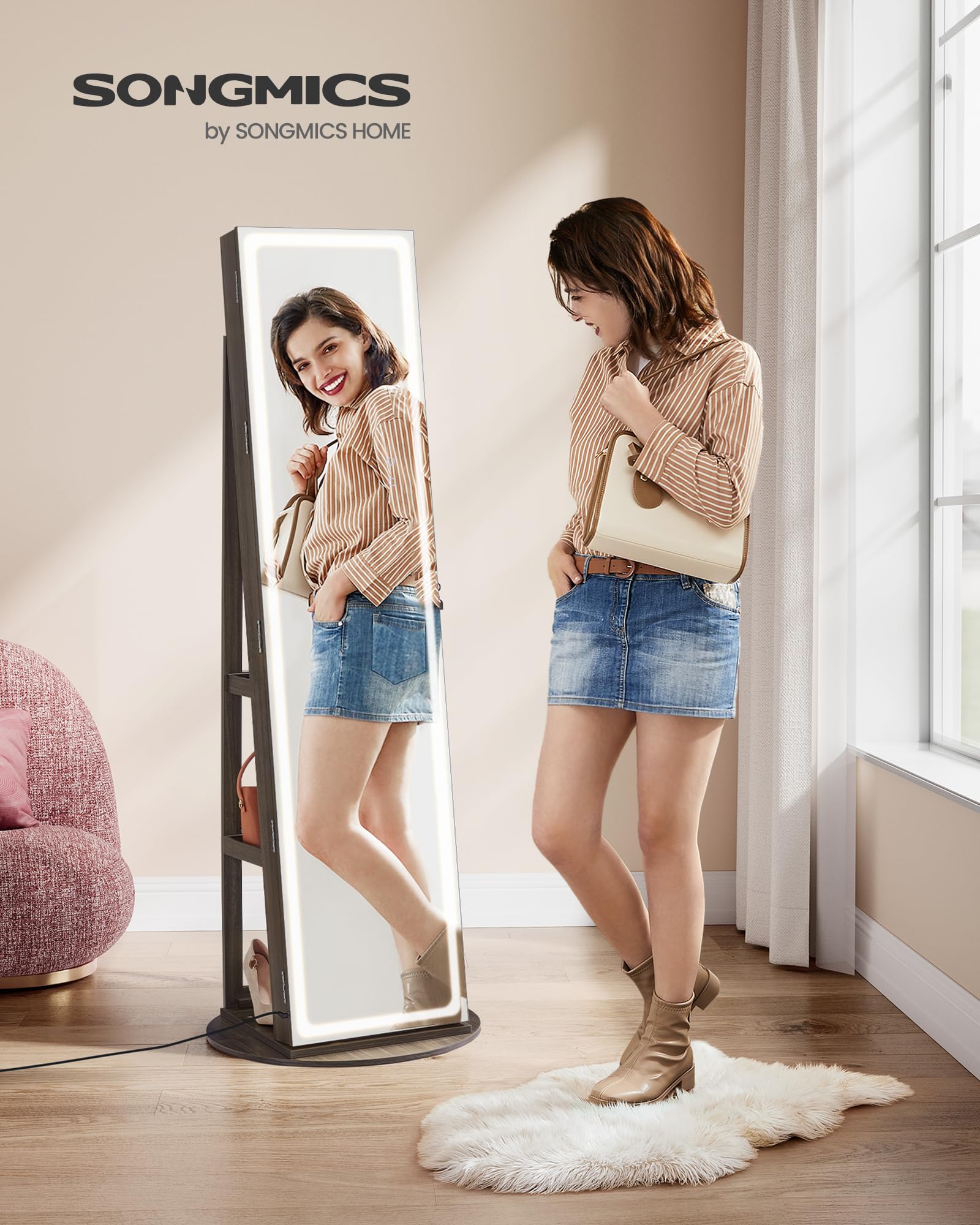 SONGMICS LED Jewelry Cabinet with Mirror - Lockable Standing Armoire with Adjustable Lights, Jewelry Storage Organizer for Bedroom, Space-Saving Ash Brown Wardrobe (UJJC008K02) - Perfect for Home Decor, Gift Giving & Closet Organization