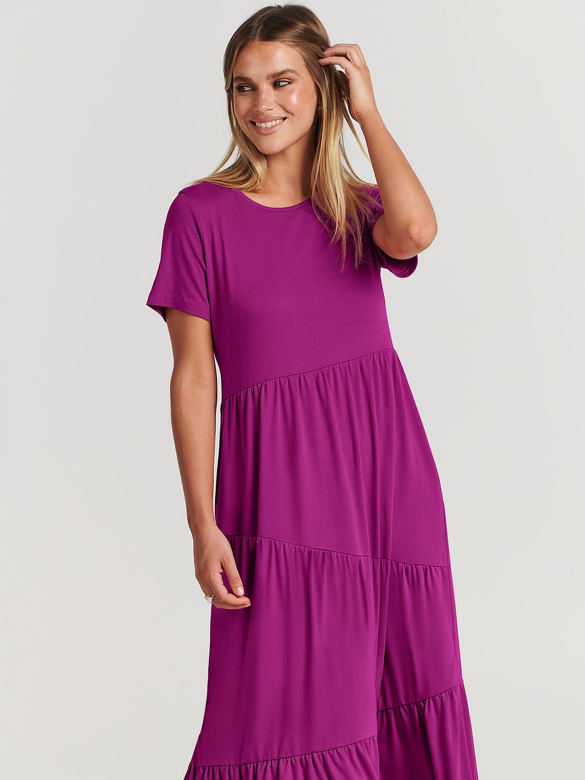 ANRABESS Women's Summer Maxi Dress - Short Sleeve Casual Swing Dress, Asymmetric Tiered Beach Sundress for Vacation, Long Dress for Beach Outings, Pool Parties and Summer Getaways
