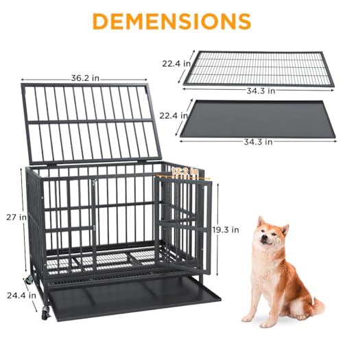 GARVEE 36 Inch Heavy Duty Indestructible Dog Crate - Escape Proof Steel Kennel with Wheels & Removable Tray for Large Dogs - Indoor Dog House for High Anxiety Pets - Perfect for Home, Travel & Vet Visits