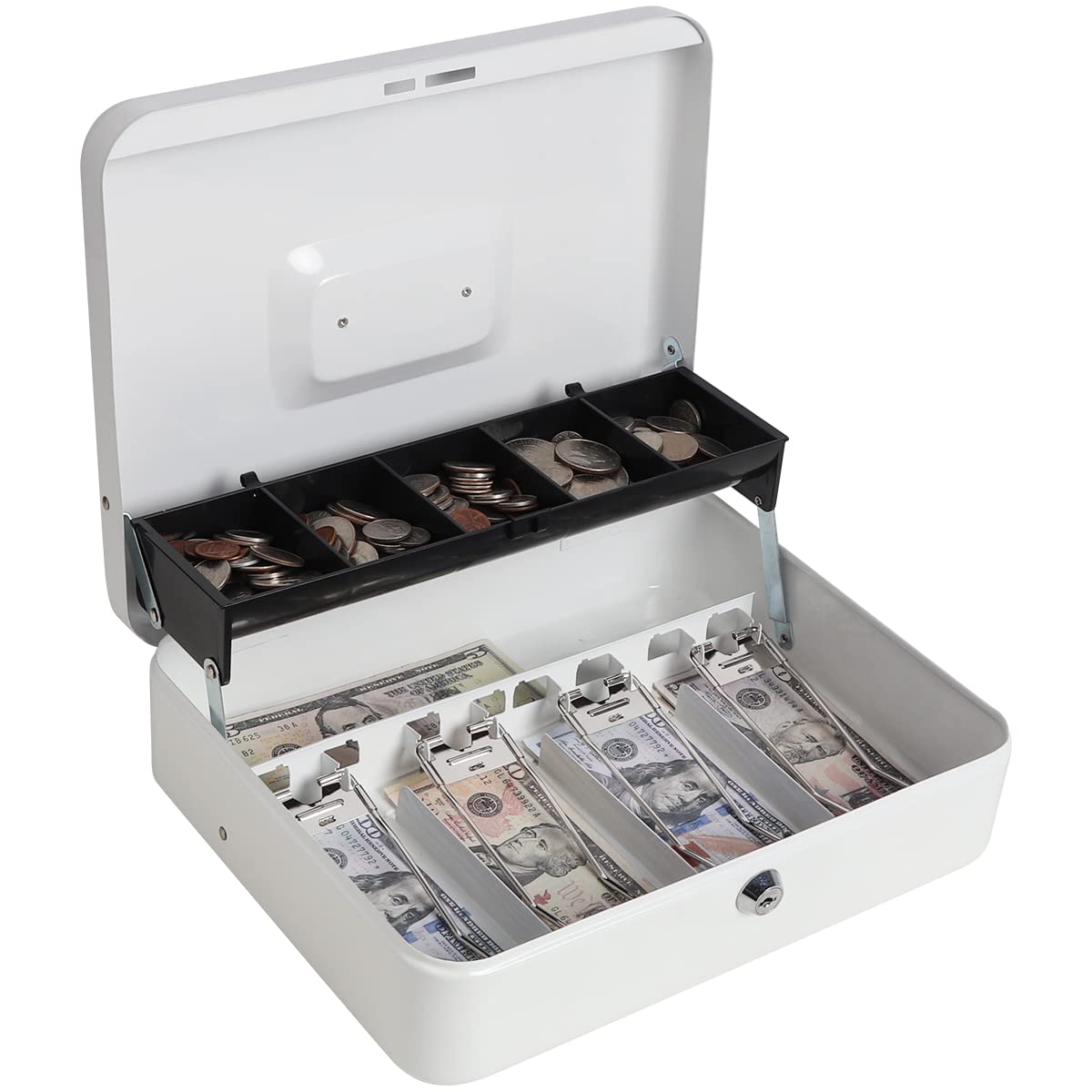 Heavy Duty Metal Cash Box with Key Lock - Large Money Storage Box with 5 Compartments & 4 Bill Clips (11.8