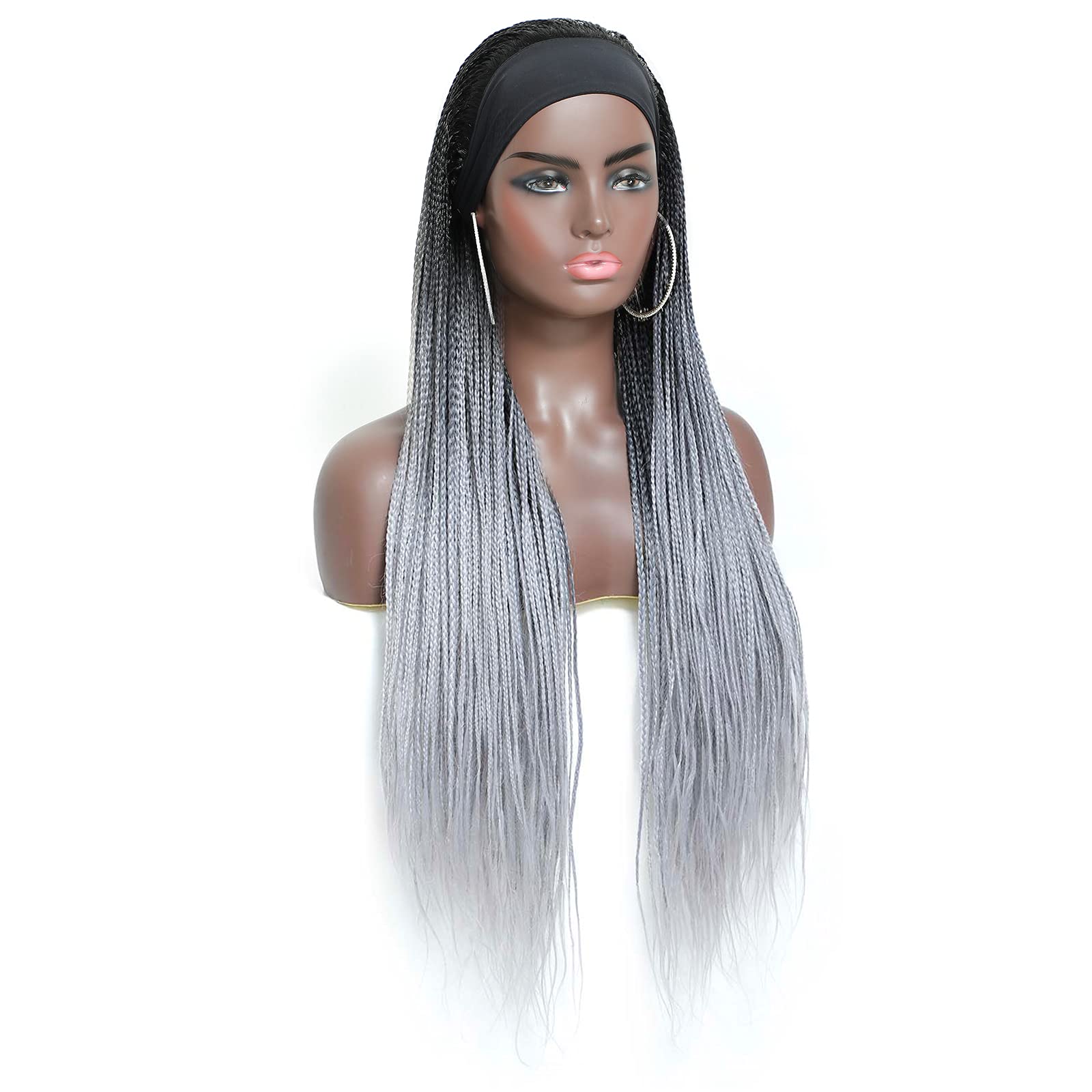 30 Inch Box Braided Headband Wigs for Black Women - Micro Braids Synthetic Wigs with Small Braids (1B/Gray) | Perfect for Daily Wear, Cosplay & Protective Styling