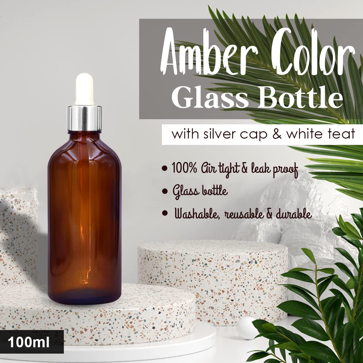 NSB Herbals 100ml Amber Round Empty Glass Bottle with Glass Dropper, Silver Ring & White Silicone Teat - Refillable for Essential Oils, DIY Perfumes, Aromatherapy (Pack of 12) | Perfect for Home Spa, Travel & Gift Sets