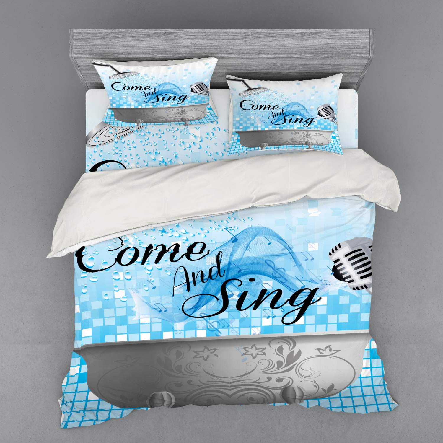 Ambesonne Singing Bath Tub Duvet Cover Set - 4 Piece King Size Bedding with Shams & Fitted Sheet, Pale Blue White - Happy Typography Design for Bedroom Decor, Gift for Music Lovers
