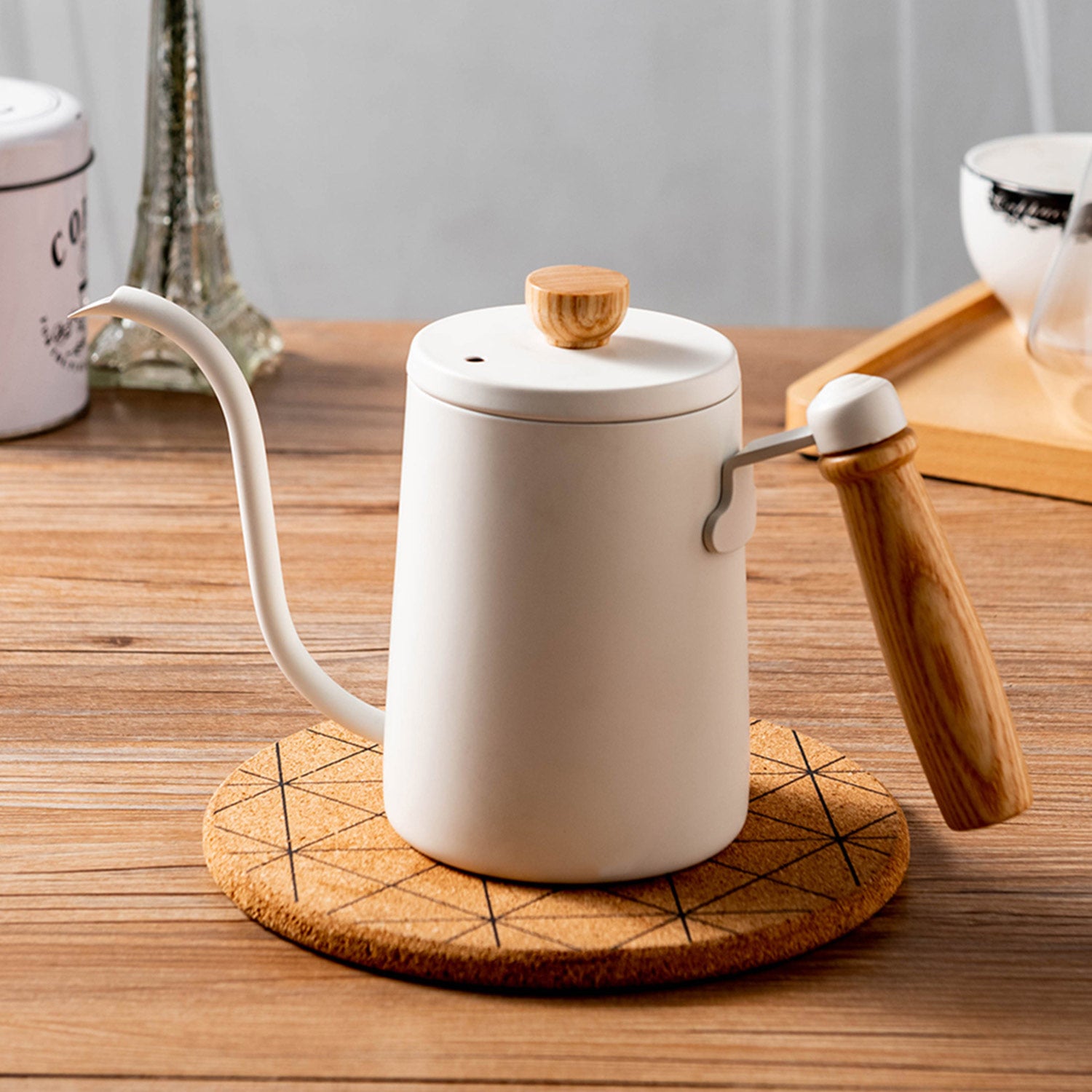 Premium I.XXI 600ml Gooseneck Coffee Kettle with Walnut Handle - Perfect for Pour Over, Drip Coffee & Tea Brewing - Stylish White Electric Water Kettle for Home & Office Use