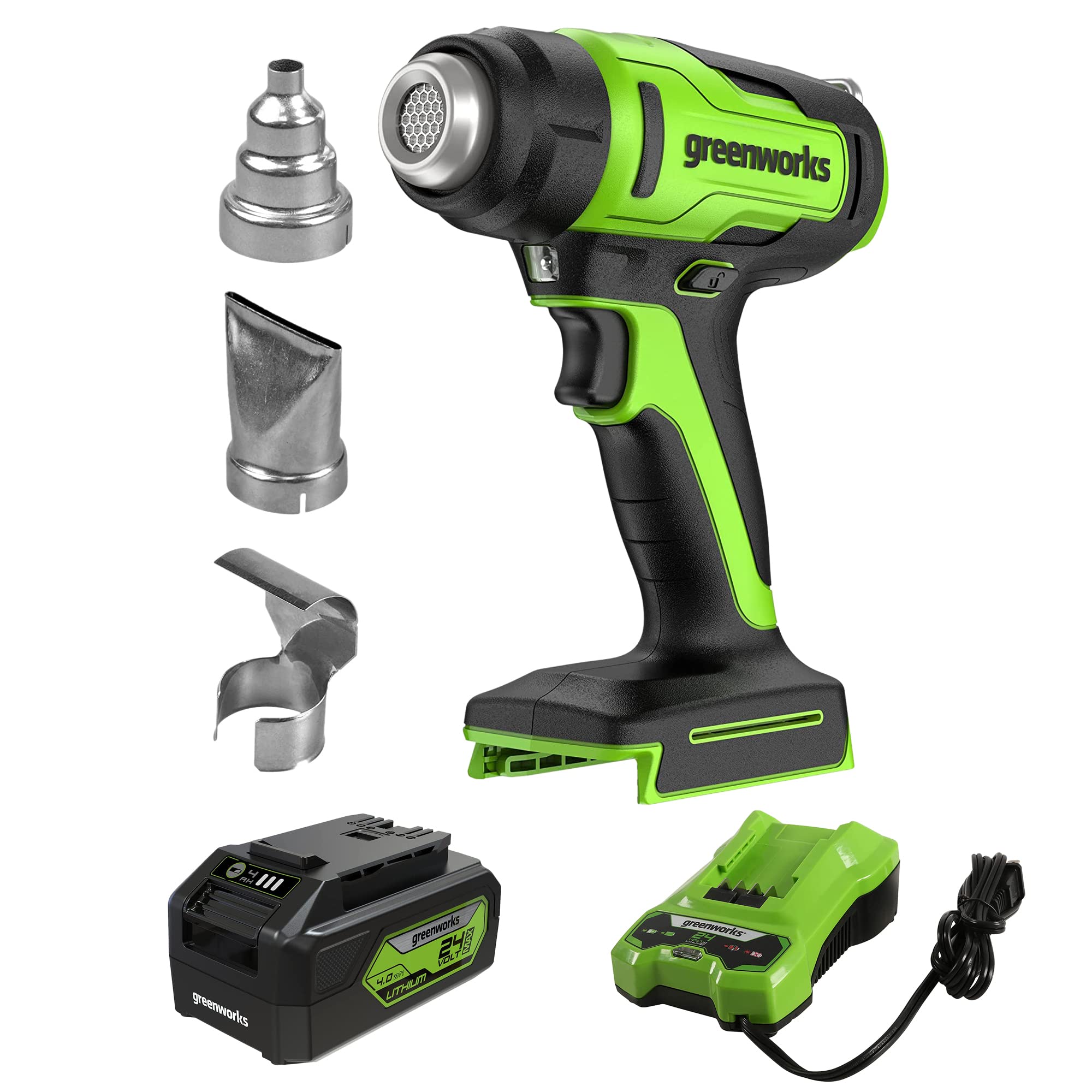 Greenworks 24V Cordless 1000℉ Heat Gun with Deflector Nozzle & Concentrator Nozzle - 4.0Ah USB Battery & Charger Included - Perfect for DIY Projects, Paint Stripping, Shrink Wrapping, and Thawing Pipes