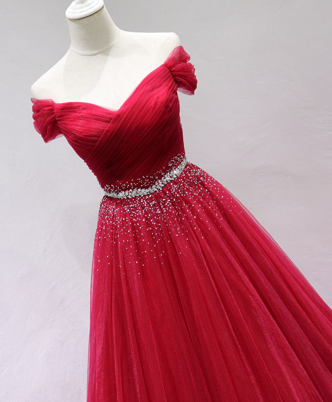 Elegant Burgundy Off Shoulder Tulle Long Prom Dress for Women - Formal Evening Gown for Homecoming, Ball, Wedding & Special Occasions