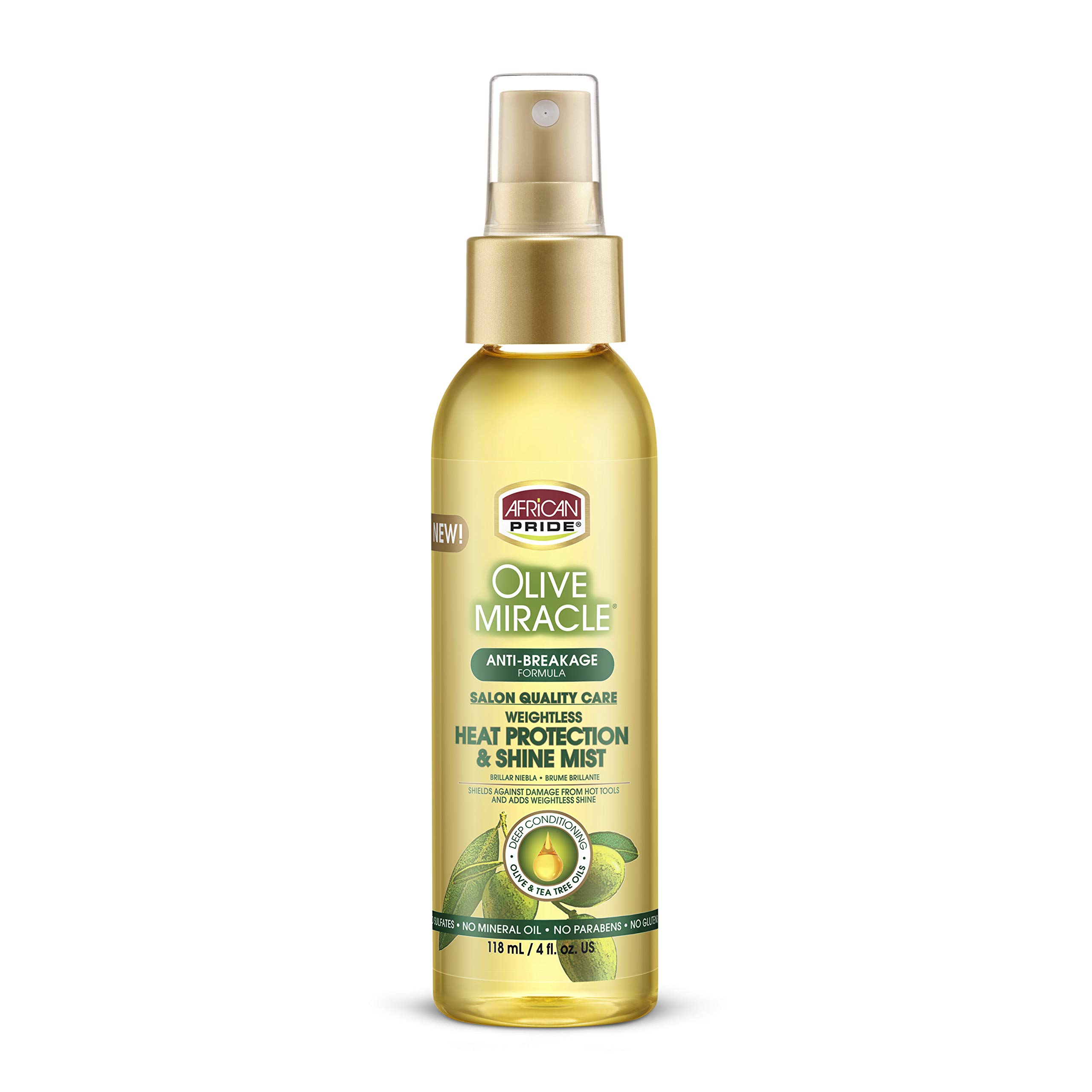 African Pride Olive Miracle Weightless Heat Protection & Hair Shine Mist - 4 oz | Humidity Control & Heat Damage Shield with Olive & Tea Tree Oils | Perfect for Styling, Blowouts & Daily Hair Care
