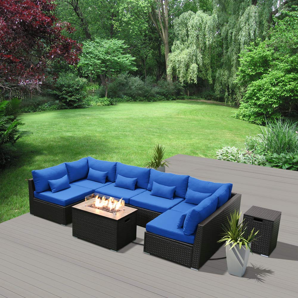 Premium Dineli Outdoor Patio Furniture Set - 7-Piece Sectional Sofa with Rectangular Gas Fire Pit Table, Royal Blue Cushions - Perfect for Backyard, Poolside & Garden Gatherings
