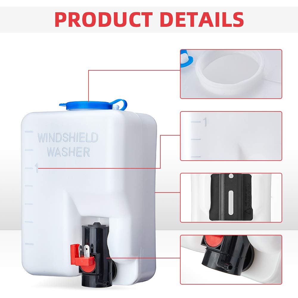 KEMIMOTO Universal 12V Car Windshield Washer Pump Kit with Fluid Reservoir Bottle & Jet Button Switch - Perfect for Off-Road Vehicles, Trucks, and SUVs