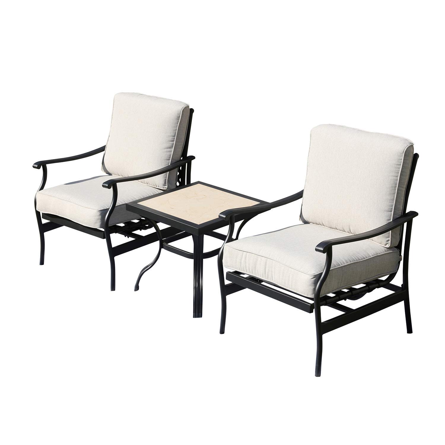 3-Piece Outdoor Patio Armchair Set with Square Metal Table & Thick Cushions - Beige Garden Bistro Furniture for Backyard, Deck, Poolside or Balcony Relaxation
