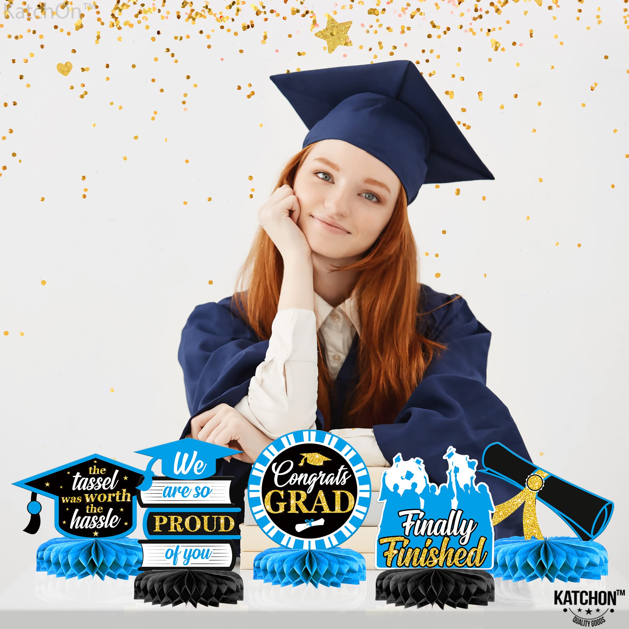 KatchOn 2025 Graduation Table Centerpieces - Pack of 9 Light Blue & Black Honeycomb Decor for Graduation Party, Class of 2025 Decorations | Perfect for Graduation Ceremony, Banquet, and Photo Backdrop Decor