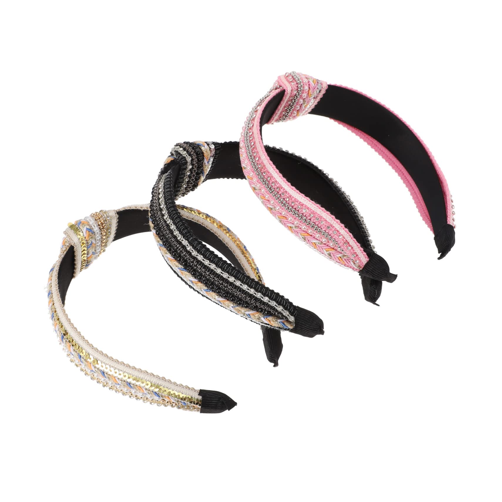 Minkissy 3-Piece Linen Braided Headband Set - Knotted Turban Headbands for Women & Girls with Rhinestones, Pearls & Bow Design | Perfect for Weddings, Parties & Everyday Fashion Accessories