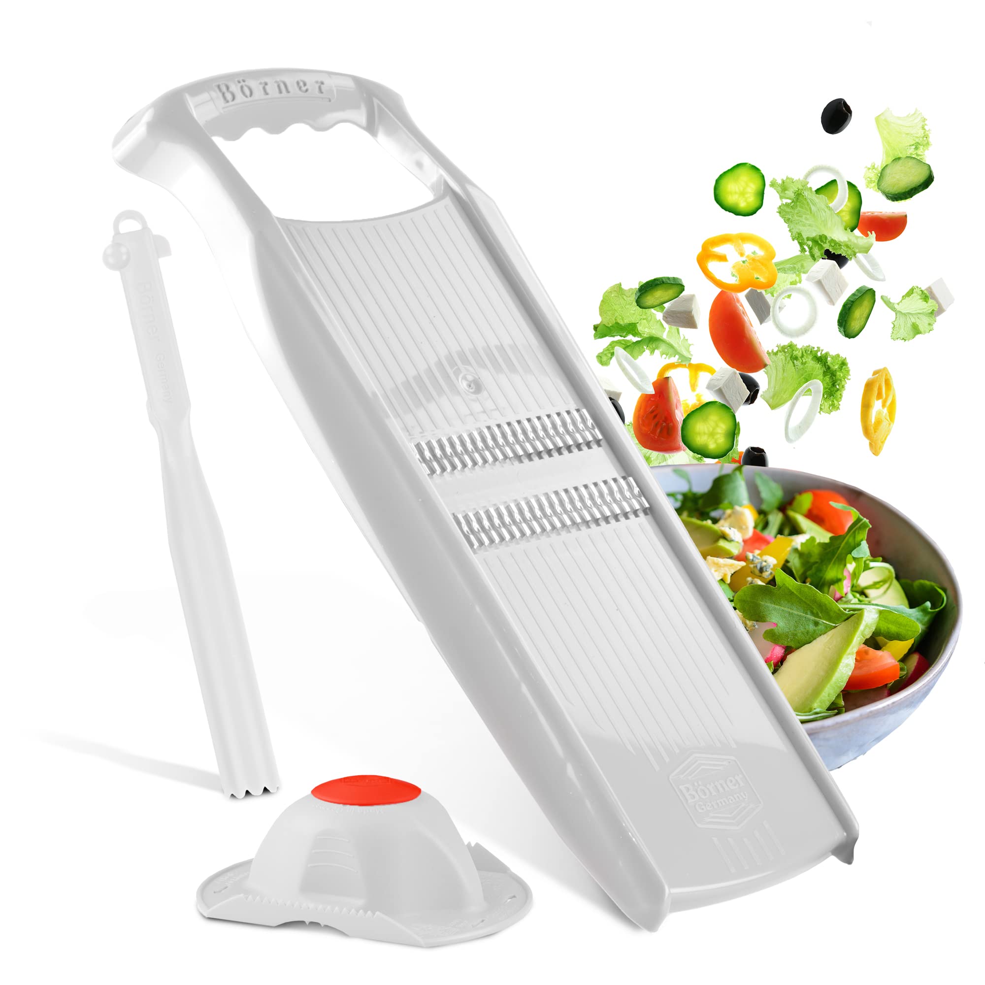 Premium Roko PowerLine 3-Piece Vegetable Slicer Set - Stainless Steel Julienne Cutter for Carrots, Cucumbers & Fruits with Safety Guard & Combi Peeler - White Kitchen Slicer for Salad Prep, Meal Kits & Healthy Cooking