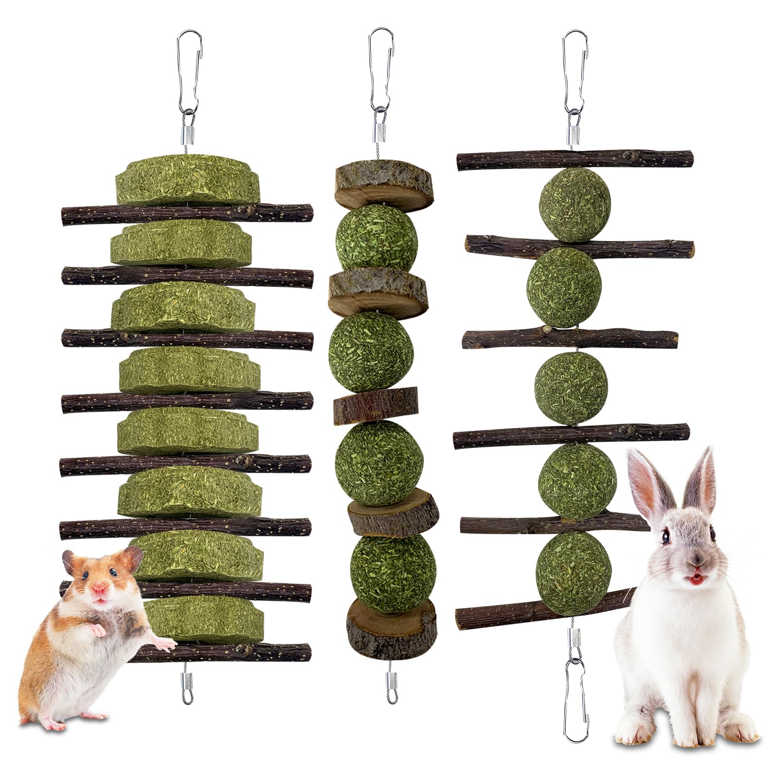 Organic Apple Wood Bunny Chew Toys for Teeth Grinding - 3 Pack Hanging Rabbit Toys with Grass Cake Treats - Safe for Rabbits, Guinea Pigs, Chinchillas, Hamsters, Gerbils & Rats - Perfect for Cage Enrichment & Dental Health