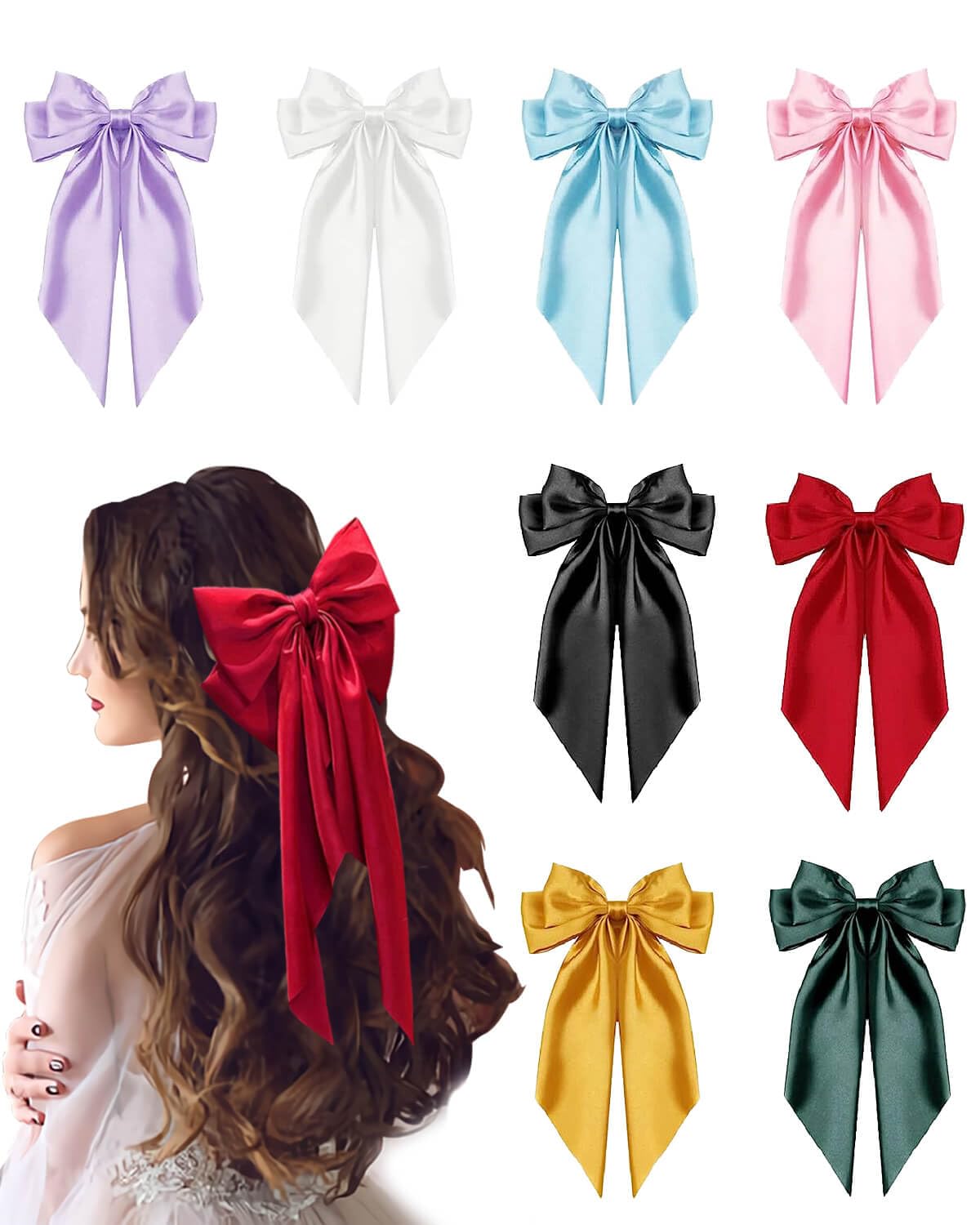 8 Pcs Women's Silky Satin Hair Bows - Large Ribbon Hair Clips with Long Tails, Metal Barrettes for Girls & Women | Perfect for Weddings, Parties, Holidays & Everyday Hair Accessories