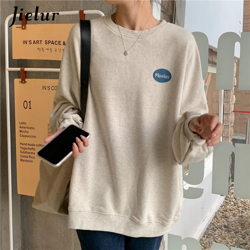 Korean Autumn Style Loose Long Sleeve Letter Print O-Neck Sweatshirt for Women - Casual Oatmeal Hoodie Pullover for Fall Fashion, Streetwear & Cozy Loungewear