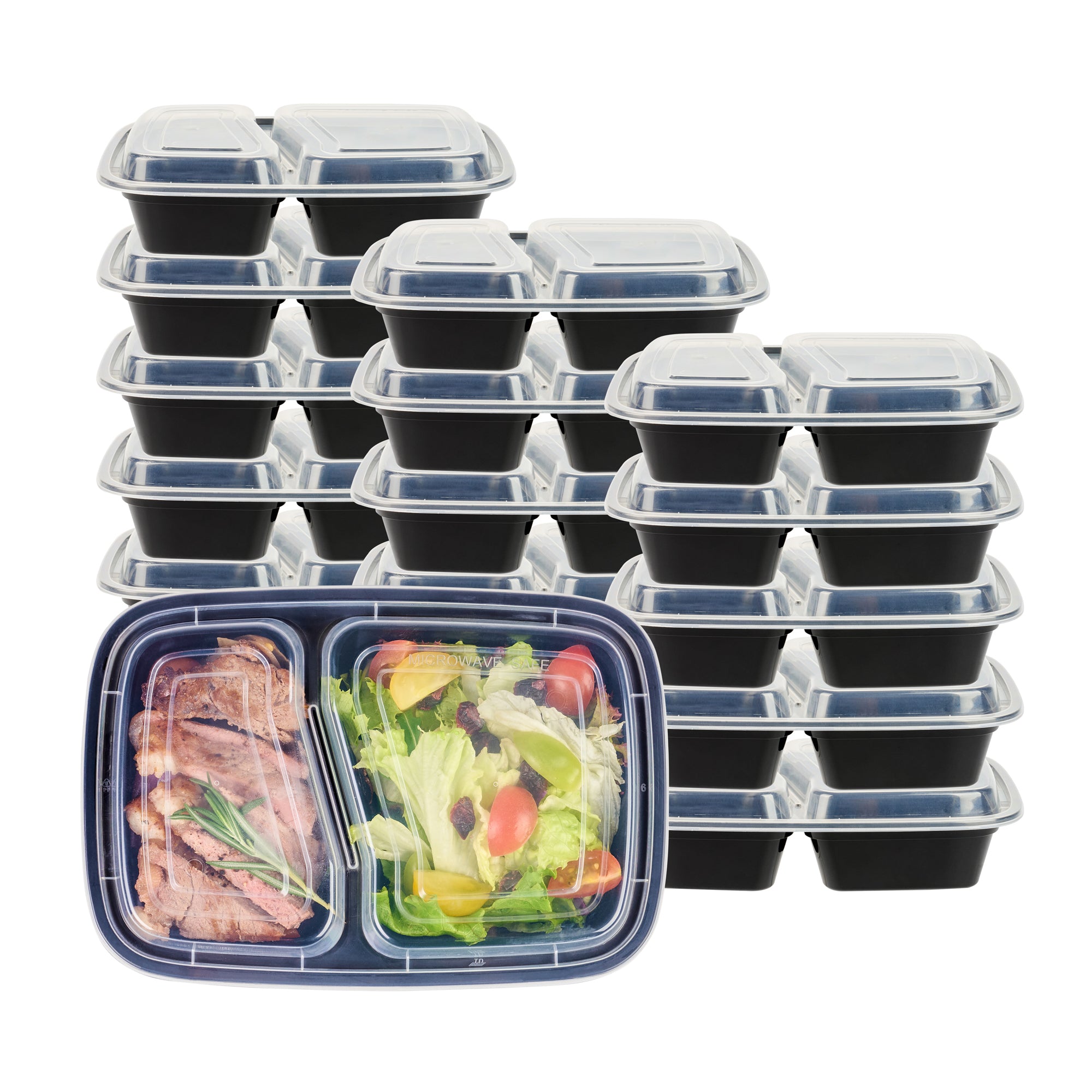 32 oz Black Plastic 2 Compartment Food Storage Containers with Clear Lids - Microwave Safe, 8.75