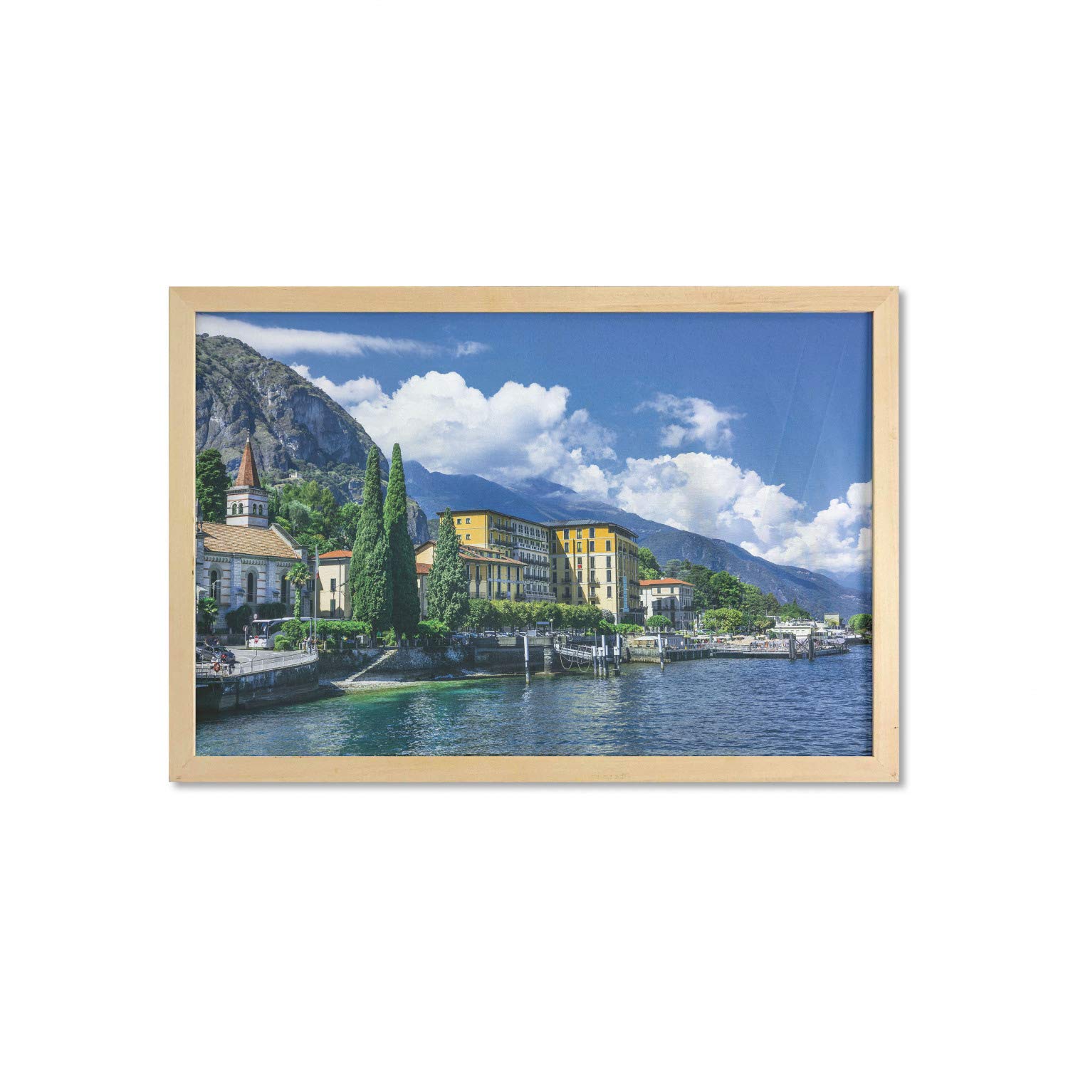 Ambesonne Italy Wall Art with Frame - Panoramic Lake Como Landscape, Mountains & Clouds Digital Print, 35