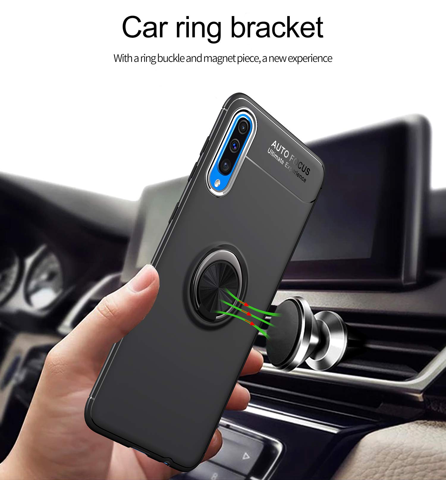 Samsung Galaxy A50 Case with Rotatable Metal Ring Kickstand & Magnetic Car Mount - Shockproof, Anti-Scratch, Ultra-Slim Protective Cover (Blue & Black) - Perfect for Work, Travel & Daily Use