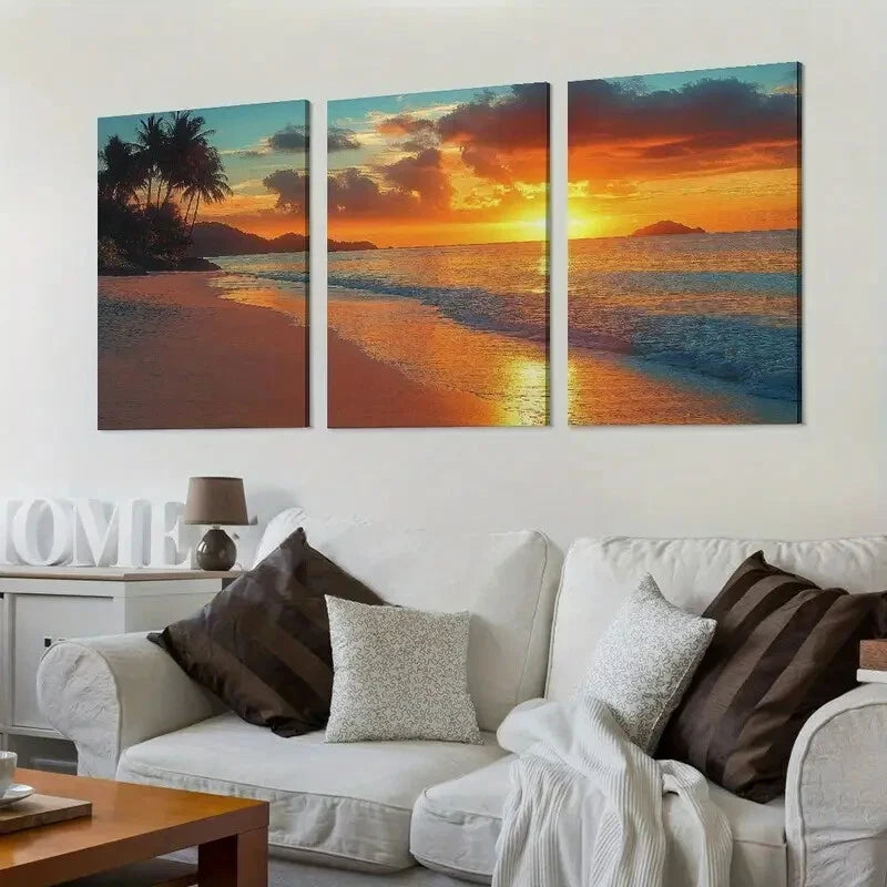 3-Piece Classic Palm Tree Beach Sunset Wall Art Set - Framed Canvas 50x70cm (20x28in) - High Quality Print - 100% Australian Made - Ready to Hang - Perfect for Living Room, Bedroom & Beach House Decor
