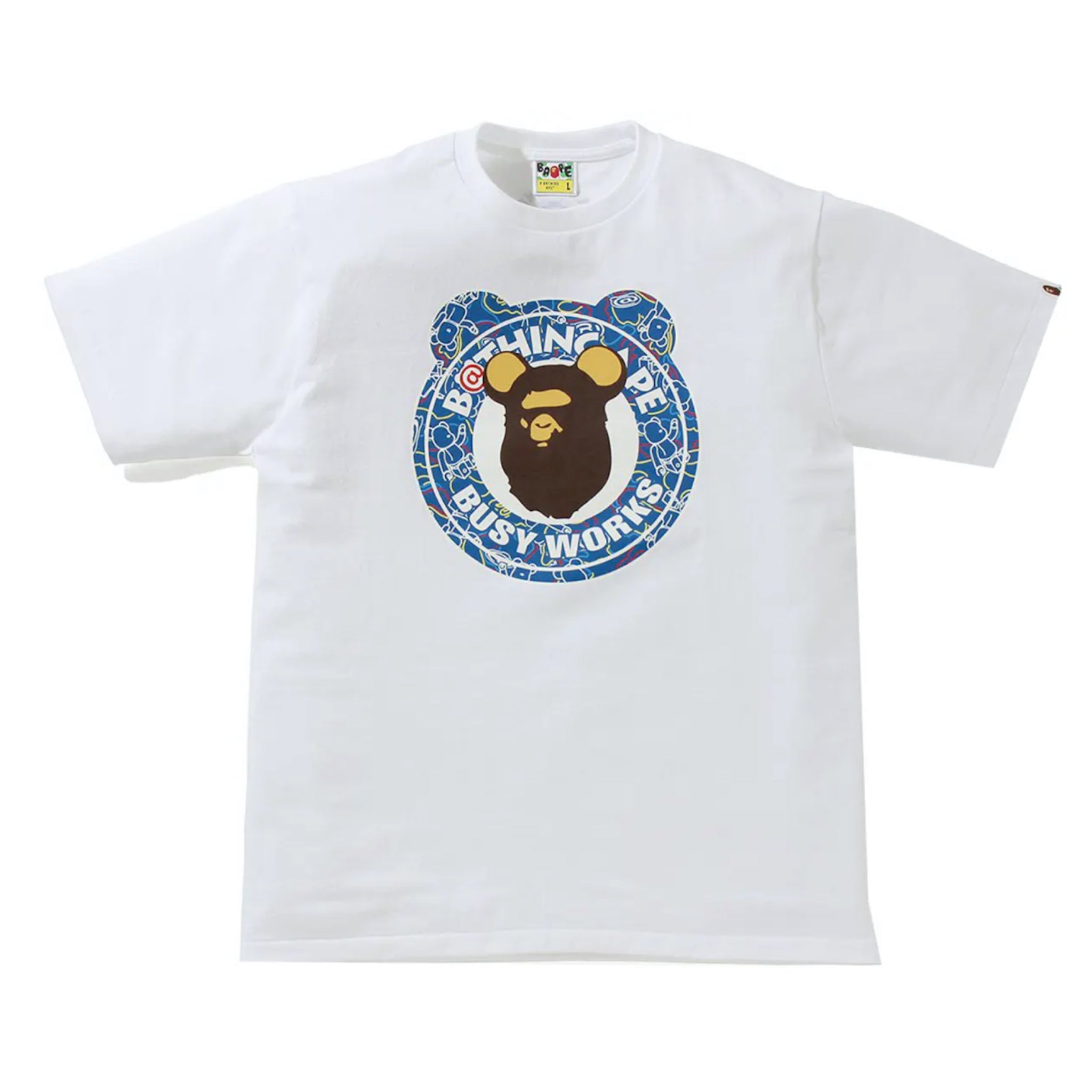 Bape x Medicom Toy Bearbrick Camo Bear Busy Works T-Shirt - White & Blue Streetwear Tee for Casual Wear & Urban Fashion