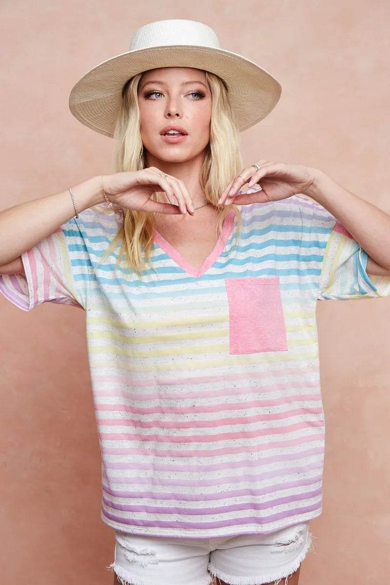 BiBi Rainbow Stripe Printed Triblend Knit Top - Women's Soft Comfortable Casual T-Shirt for Everyday Wear, Street Style & Summer Outfits