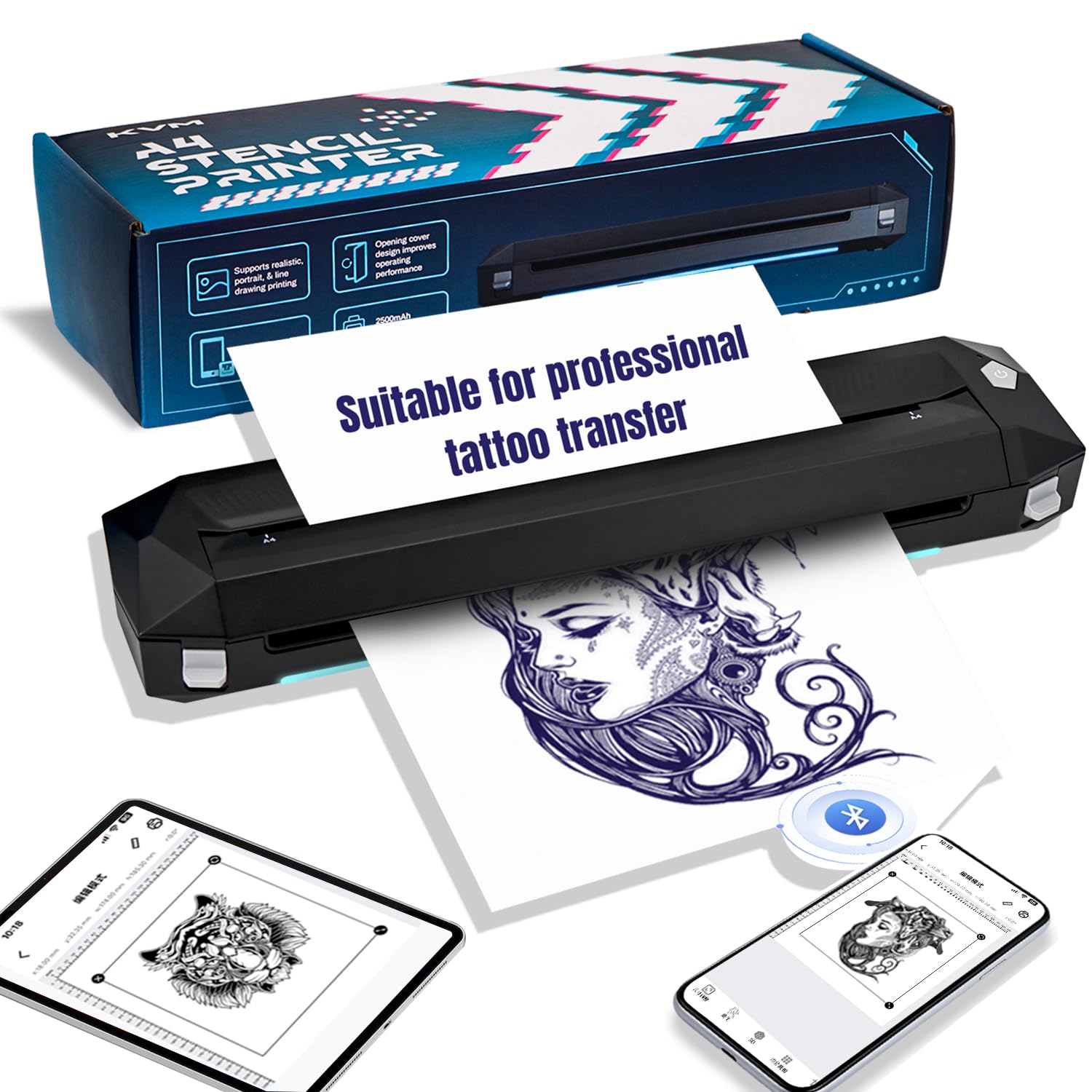 Wireless KVM Tattoo Stencil Printer - Bluetooth & USB Thermal Transfer Paper Printer for Tattoo Artists & Beginners | Smartphone & Laptop Compatible | Perfect for Tattoo Studio, Home Practice & Professional Use